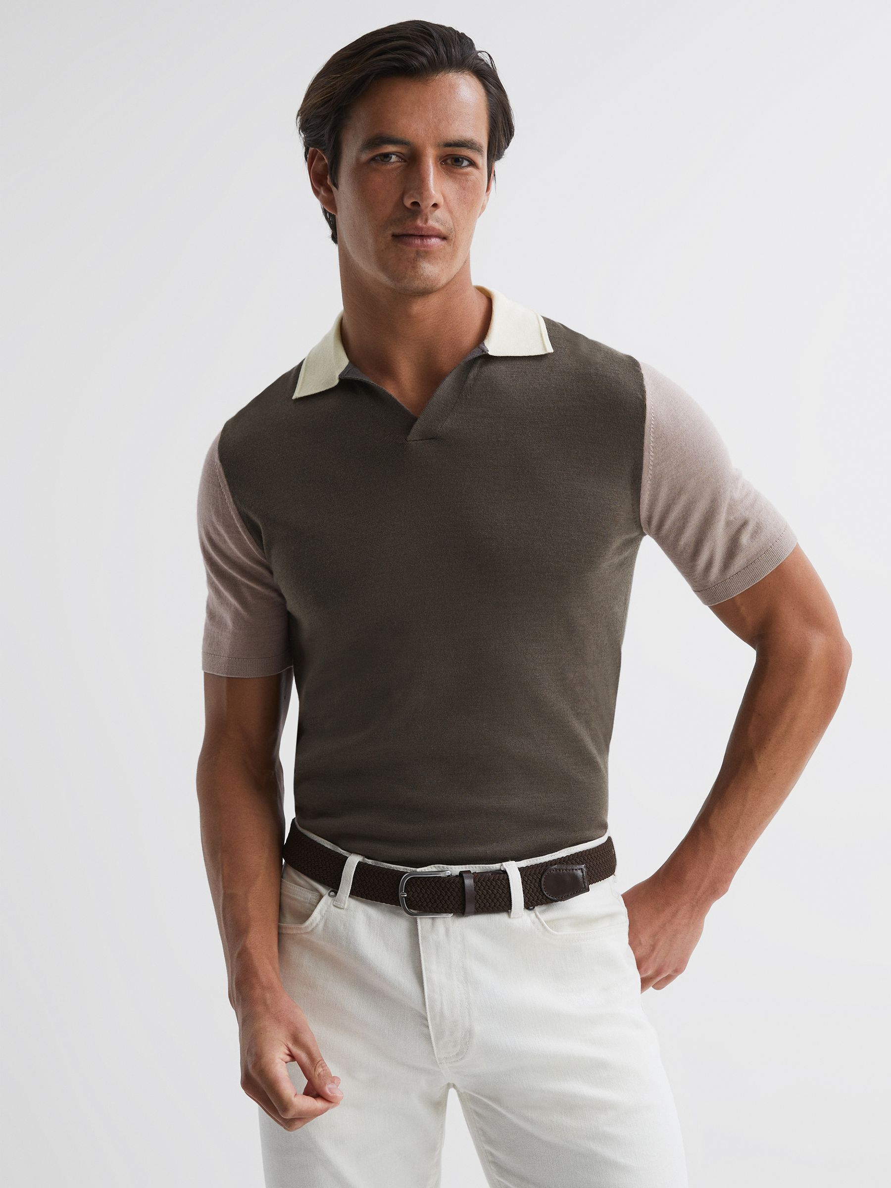 Wool Open Collar Polo Shirt in Mushroom Brown - Image 1 of 5