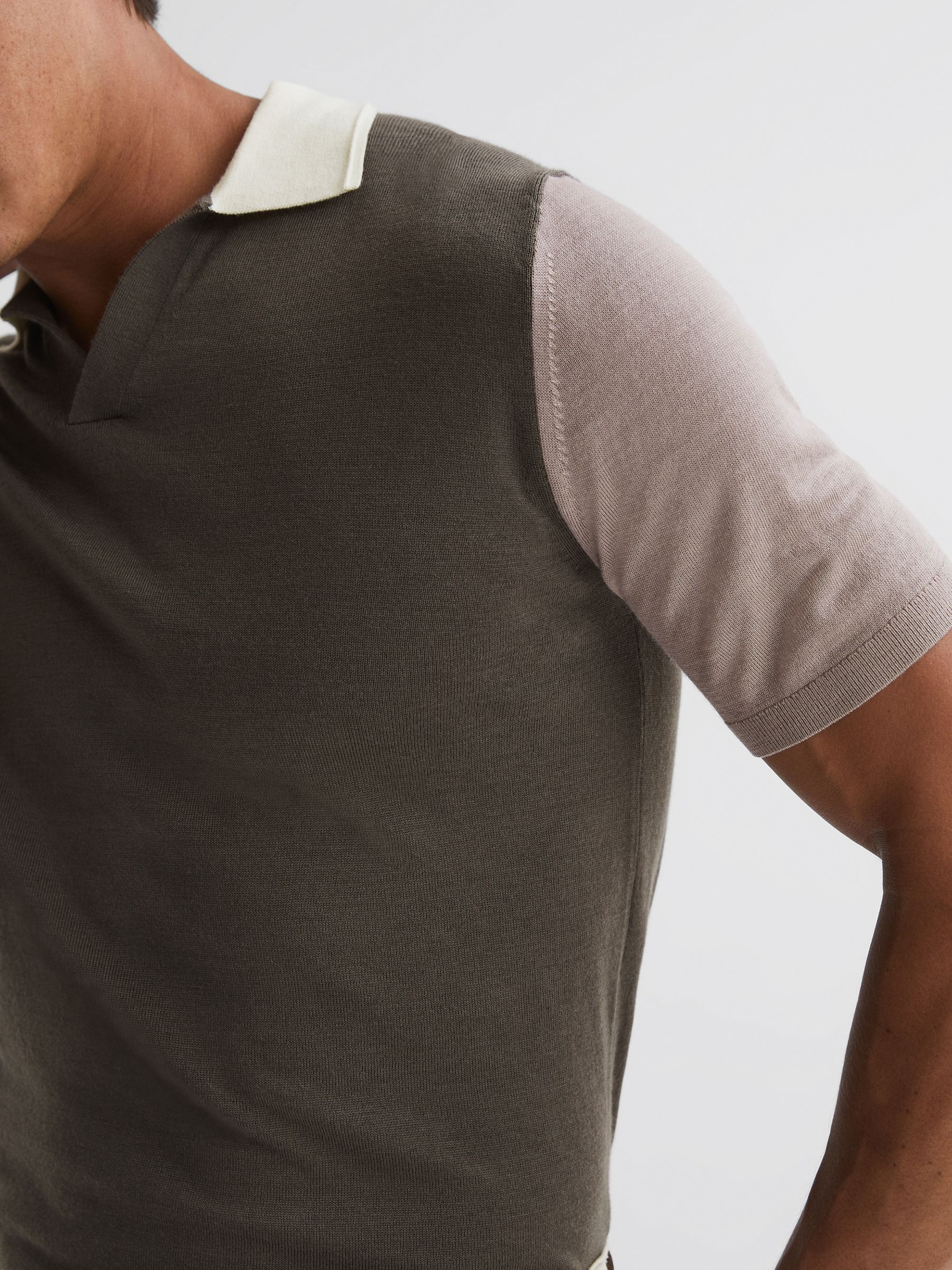 Wool Open Collar Polo Shirt in Mushroom Brown - Image 3 of 5