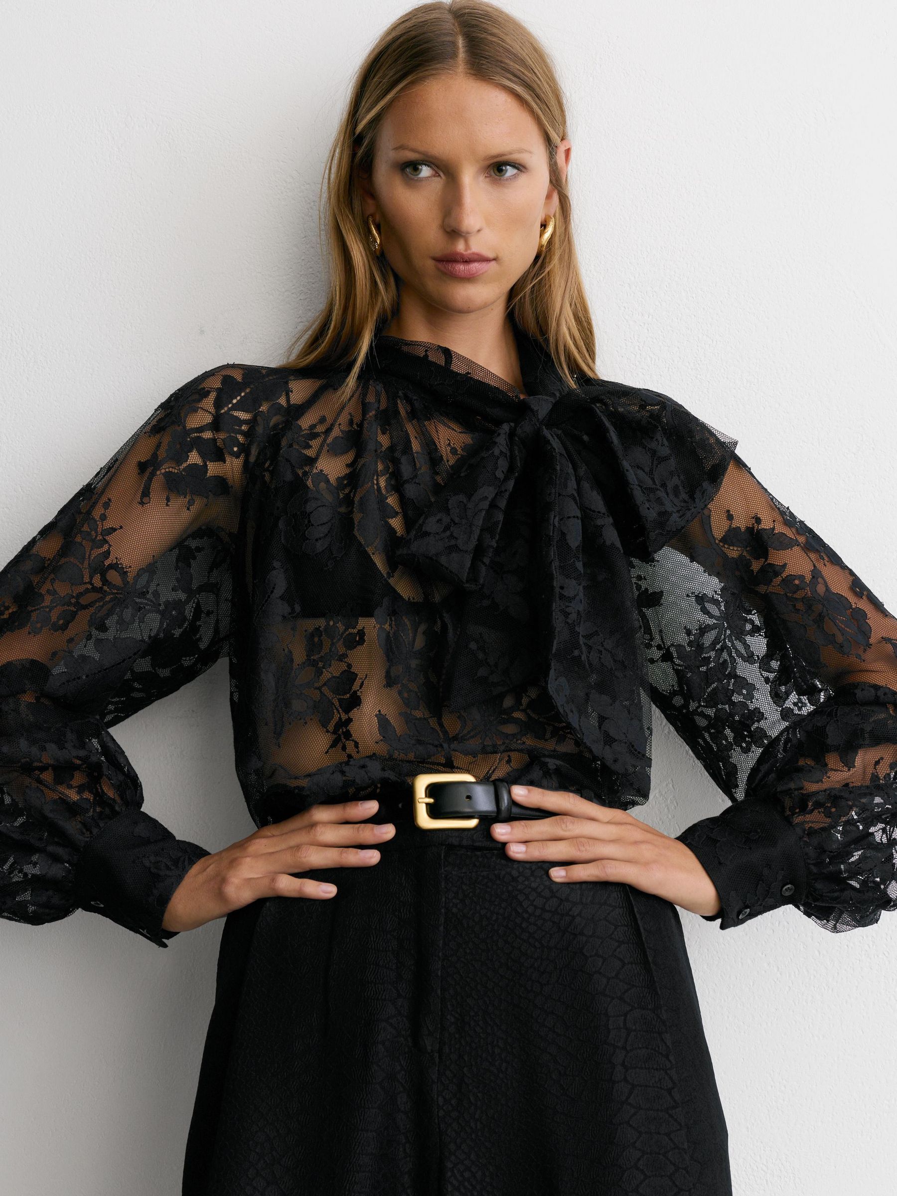 Tie-Neck Sheer Lace Blouse in Black by Reiss