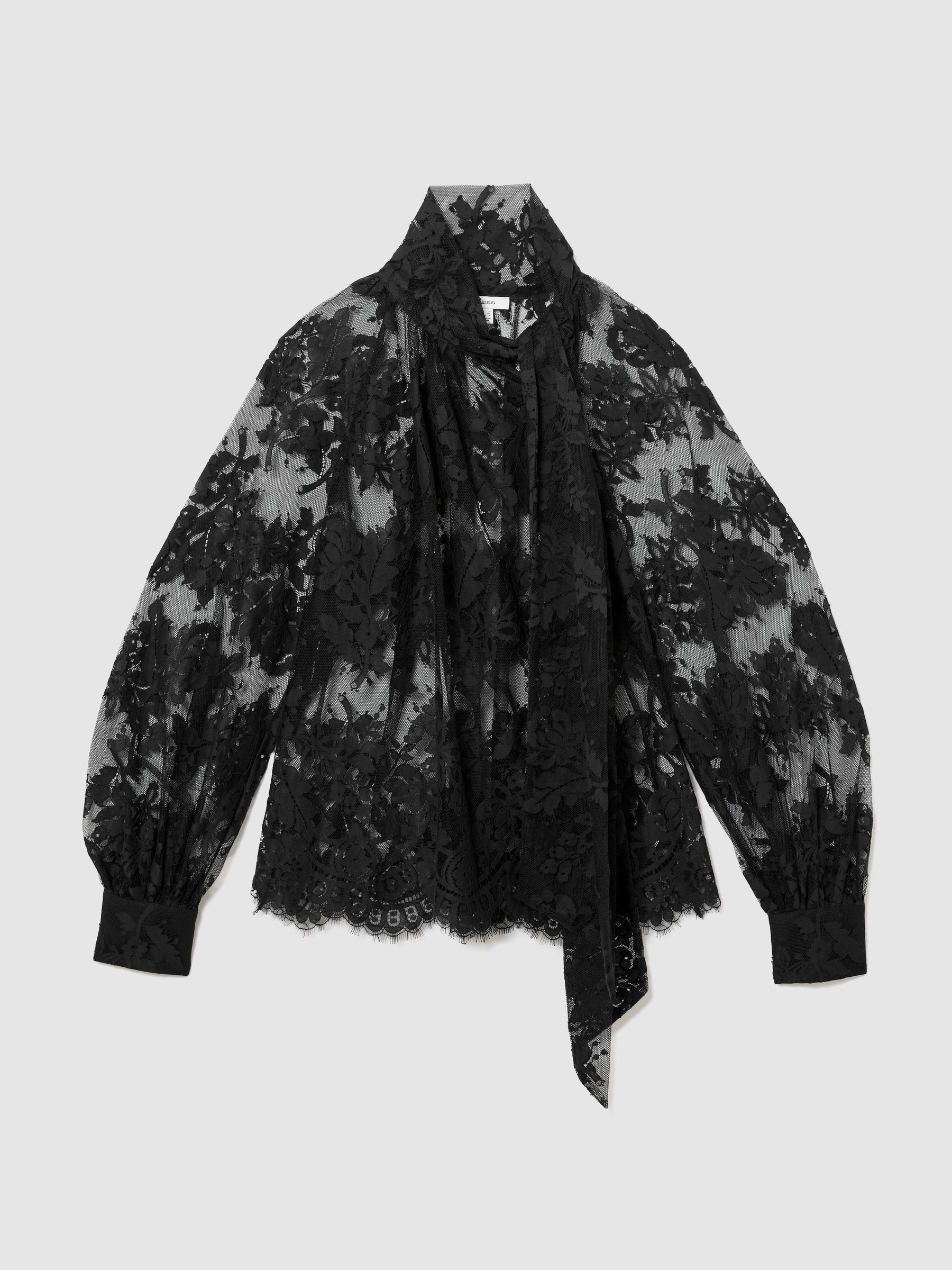 Tie-Neck Sheer Lace Blouse in Black - Image 2 of 7