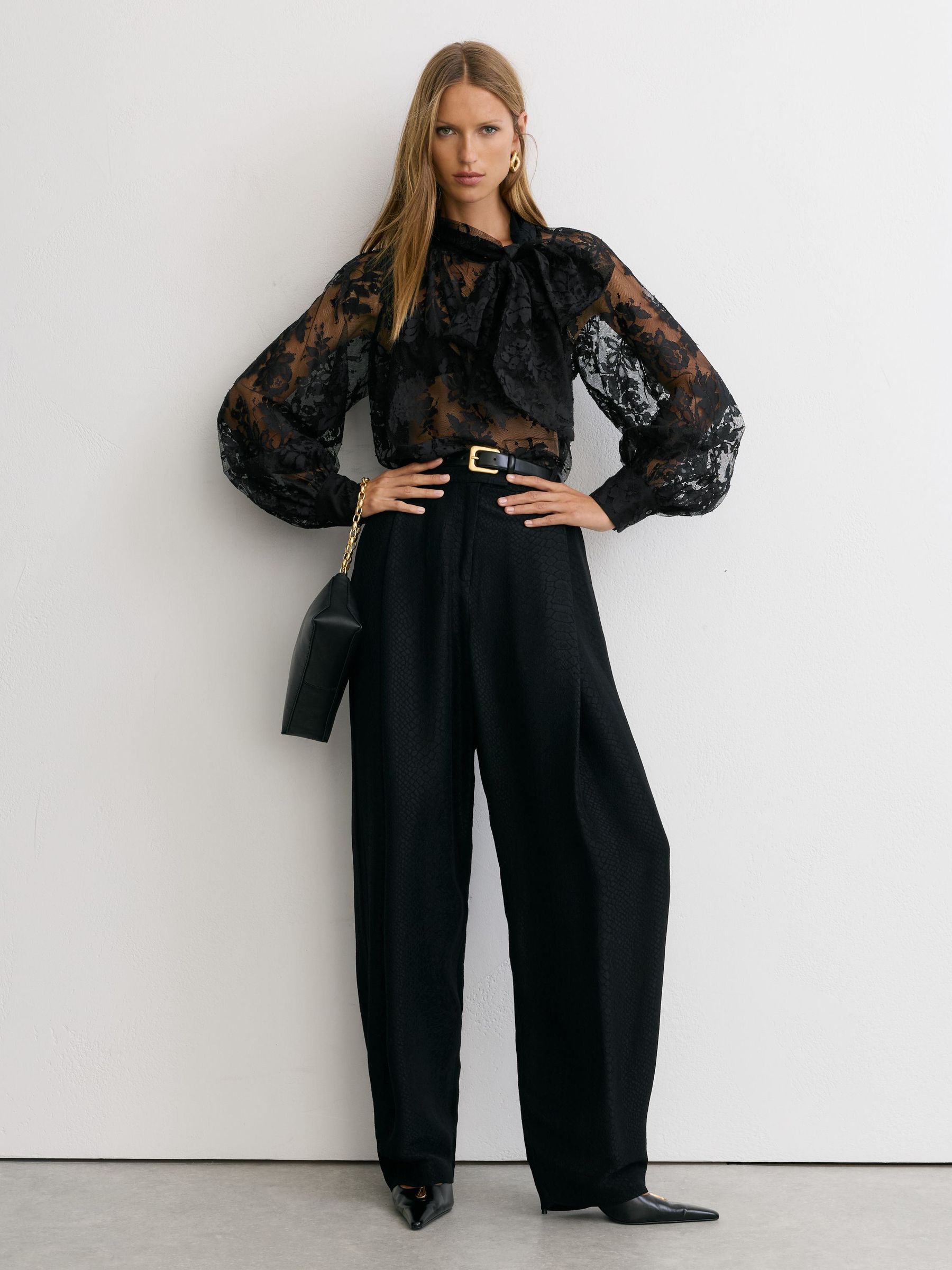 Tie-Neck Sheer Lace Blouse in Black - Image 3 of 7