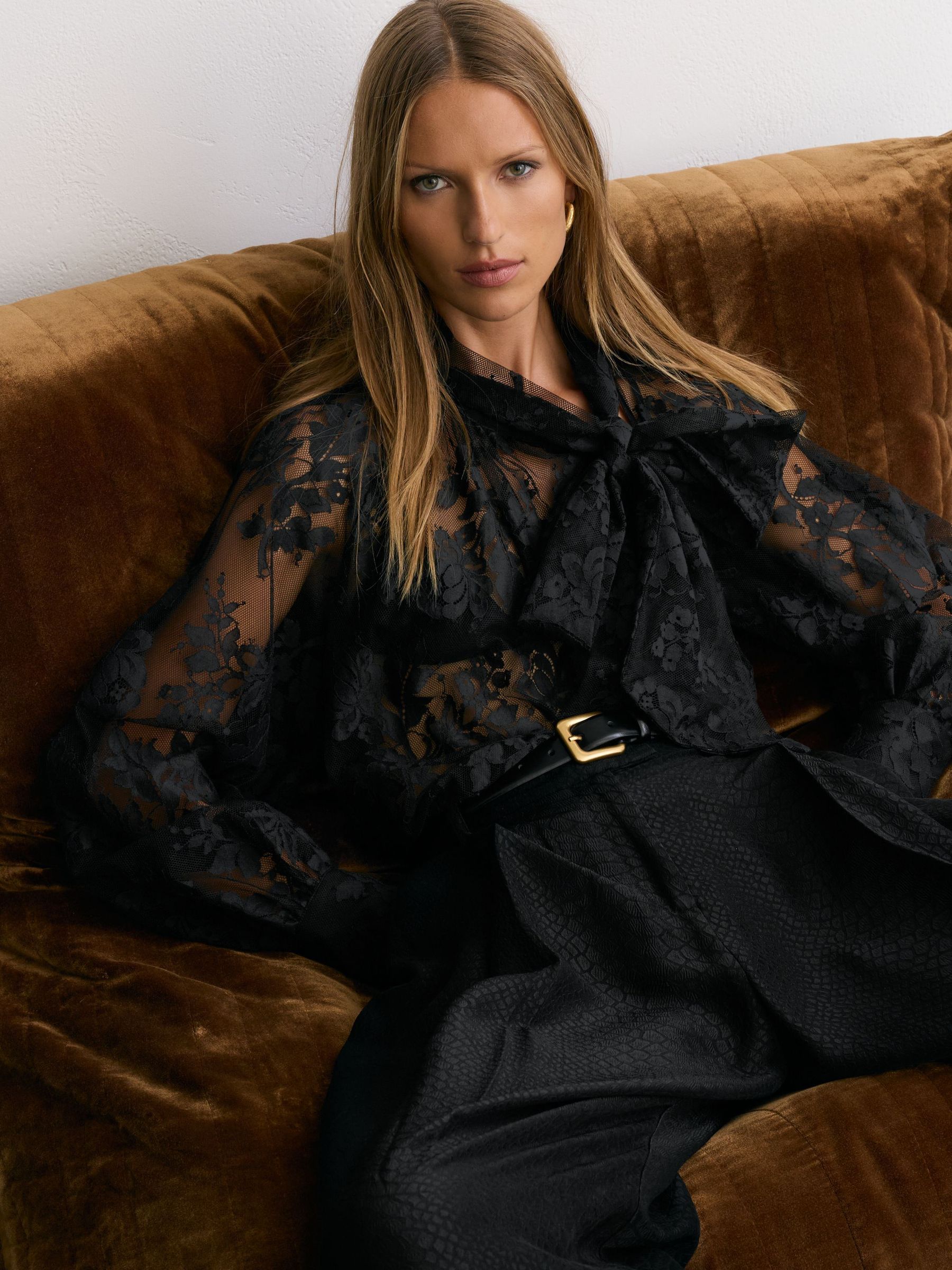 Tie-Neck Sheer Lace Blouse in Black - Image 4 of 7