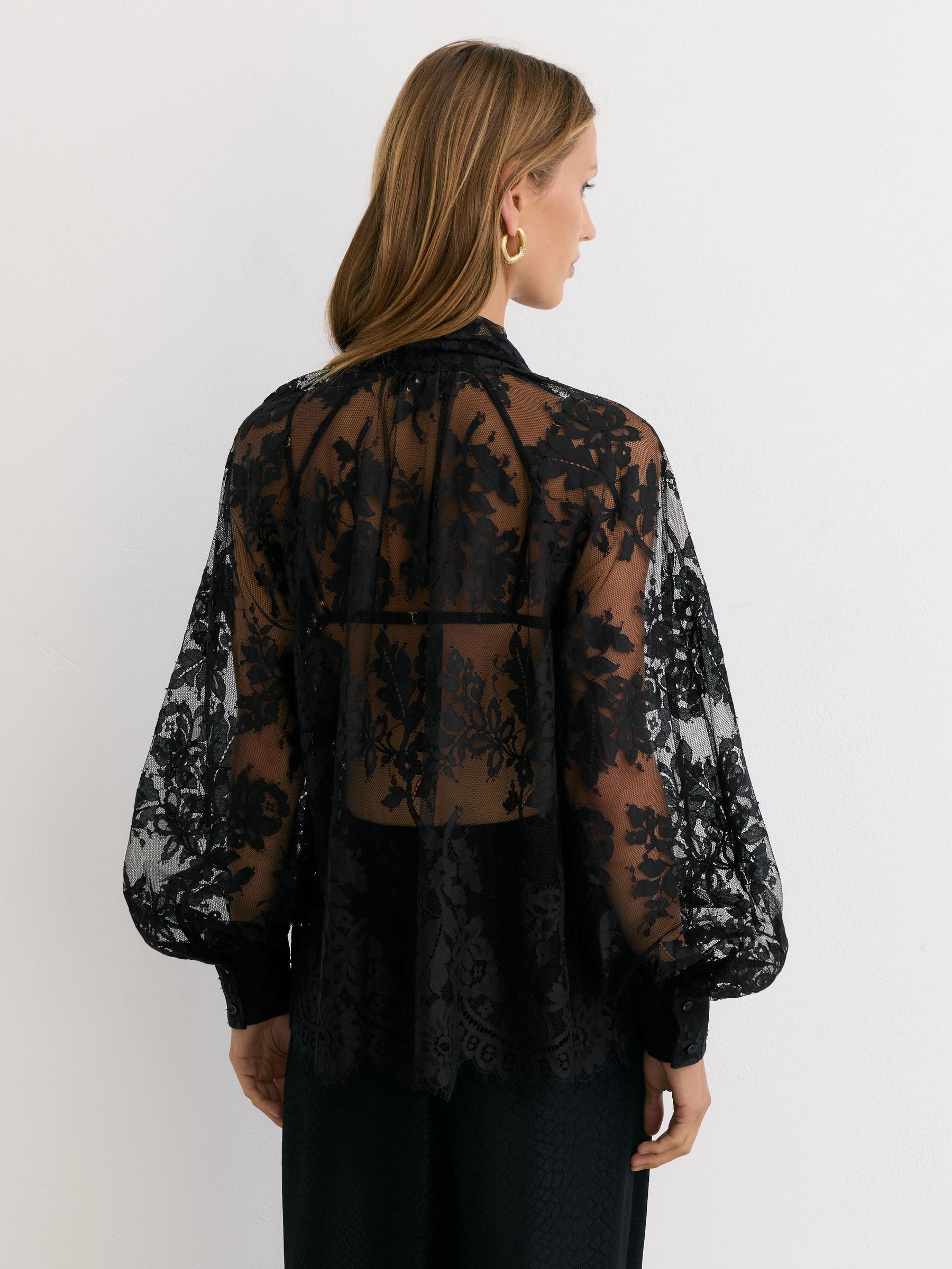 Tie-Neck Sheer Lace Blouse in Black - Image 5 of 7