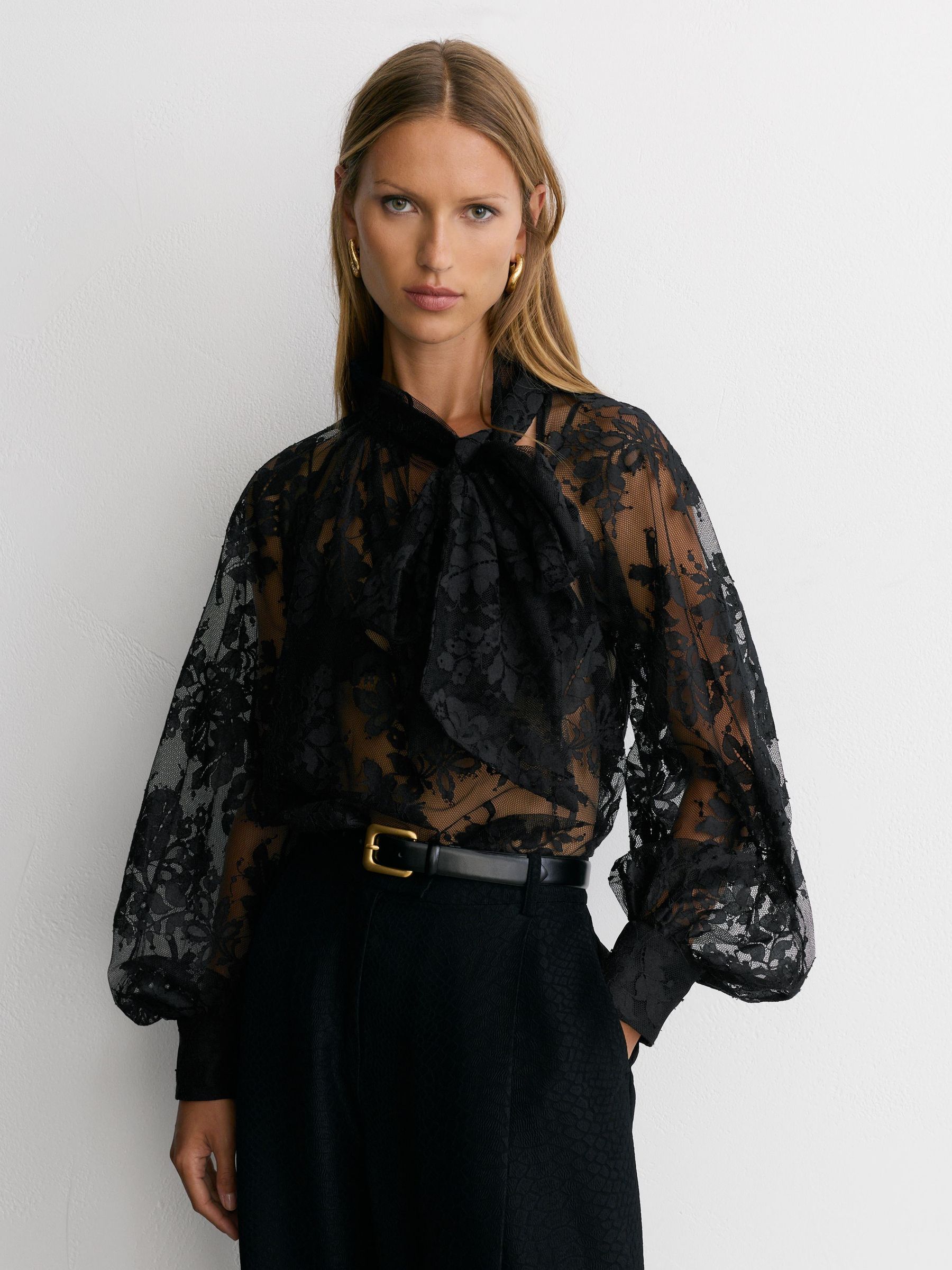 Tie-Neck Sheer Lace Blouse in Black - Image 6 of 7