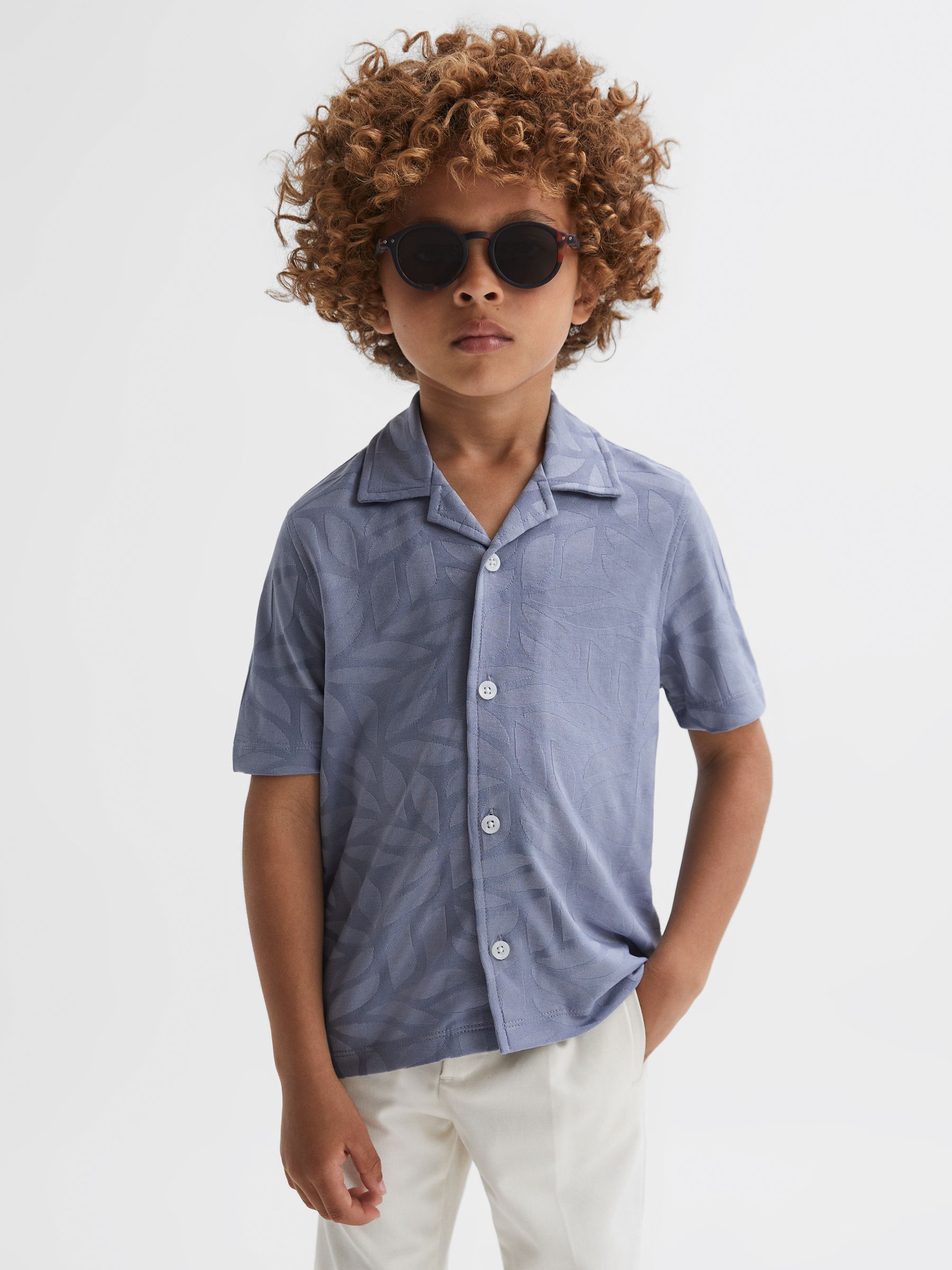 Junior Printed Cuban Collar Button Through T-Shirt in Blue - Image 11 of 12