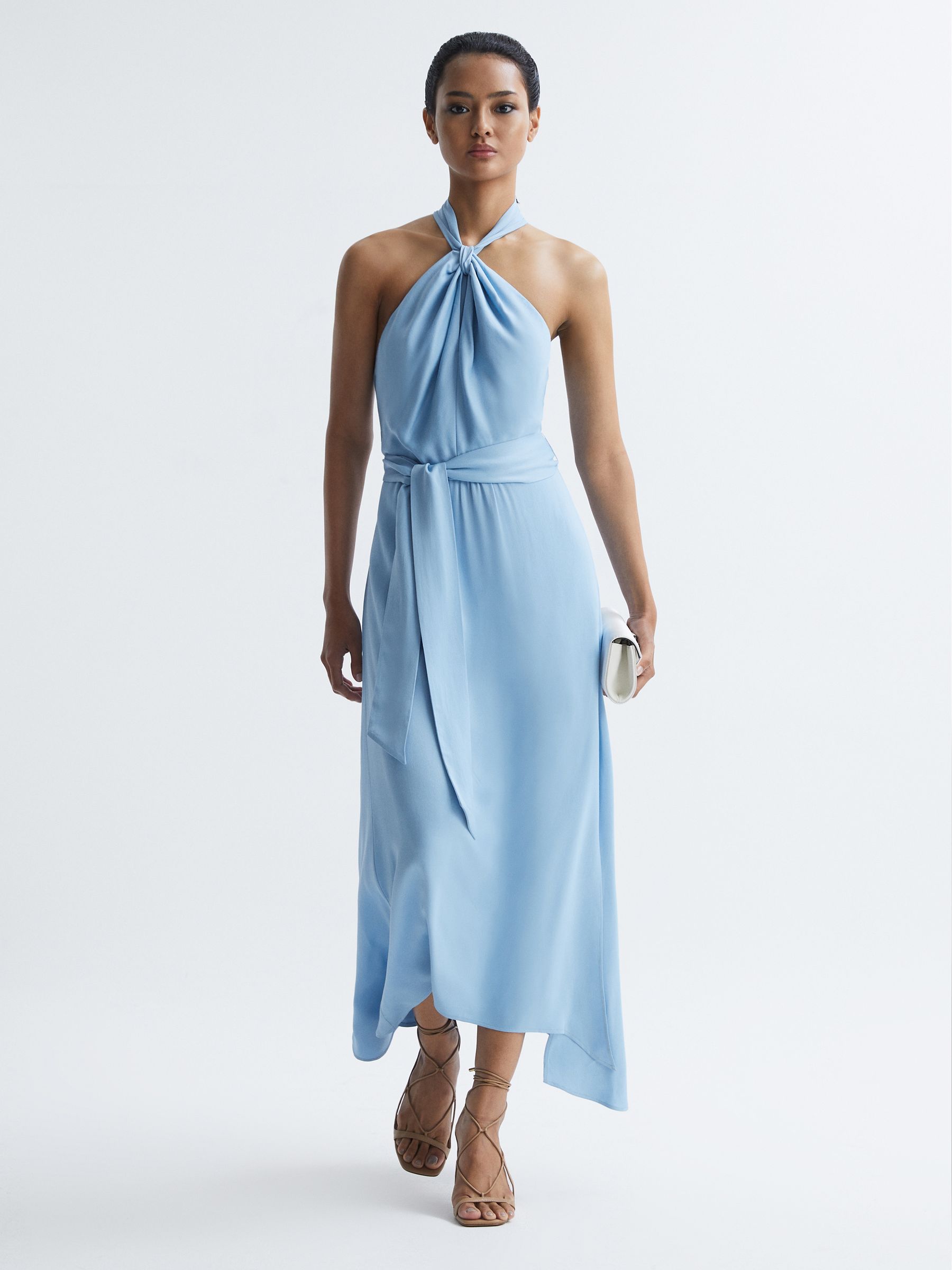 Fitted Halter Neck Midi Dress in Blue - Image 3 of 7