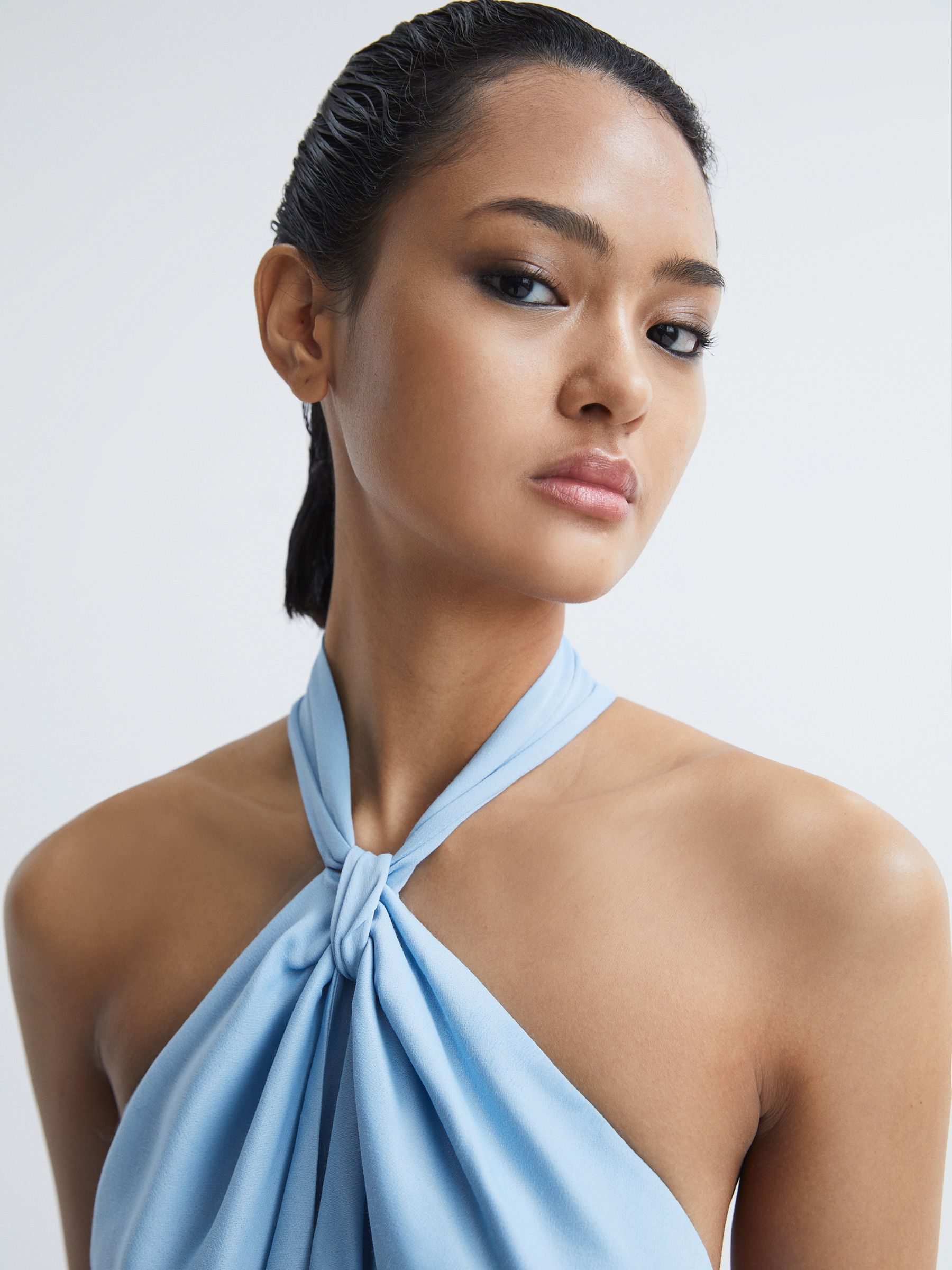 Fitted Halter Neck Midi Dress in Blue - Image 4 of 7
