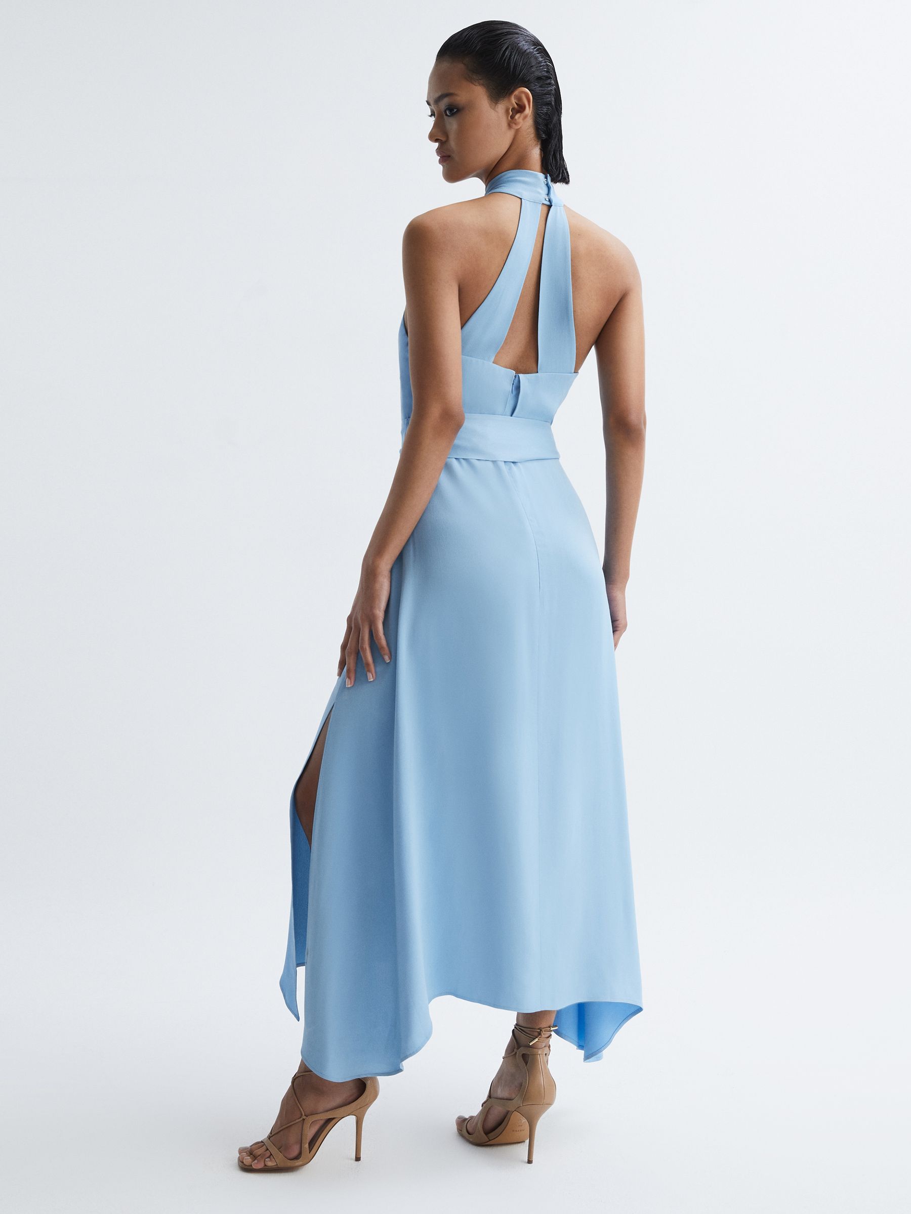 Fitted Halter Neck Midi Dress in Blue - Image 5 of 7