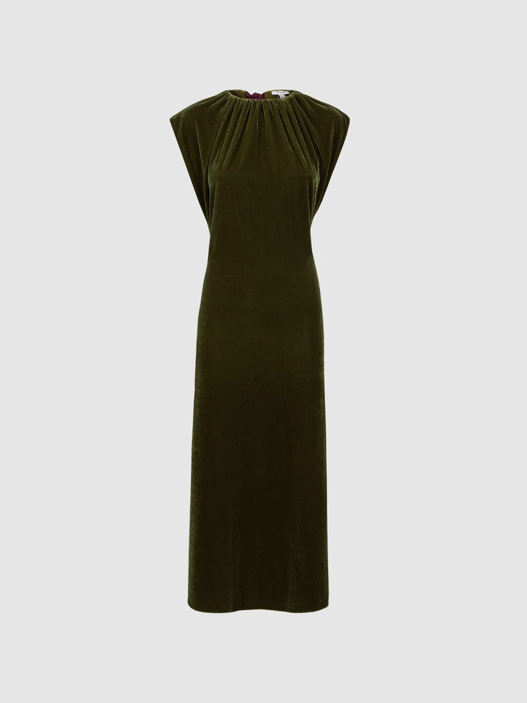 Florere Velvet Tie Neck Midi Dress in Olive - Image 2 of 5