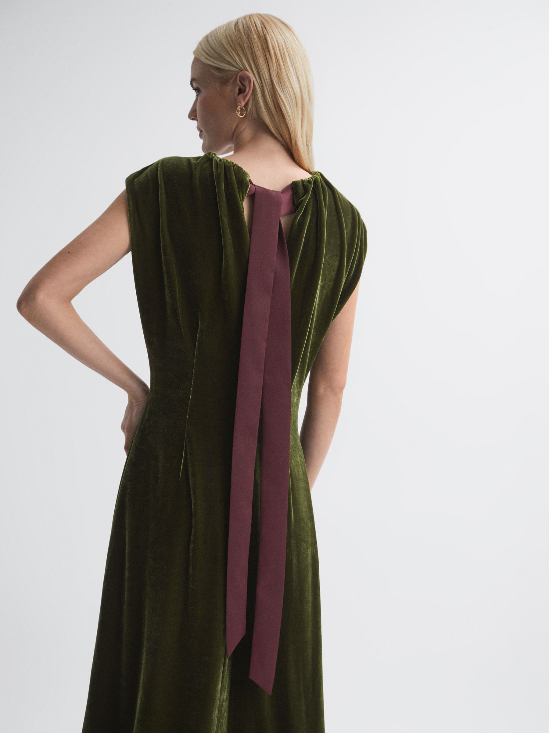 Florere Velvet Tie Neck Midi Dress in Olive - Image 3 of 5