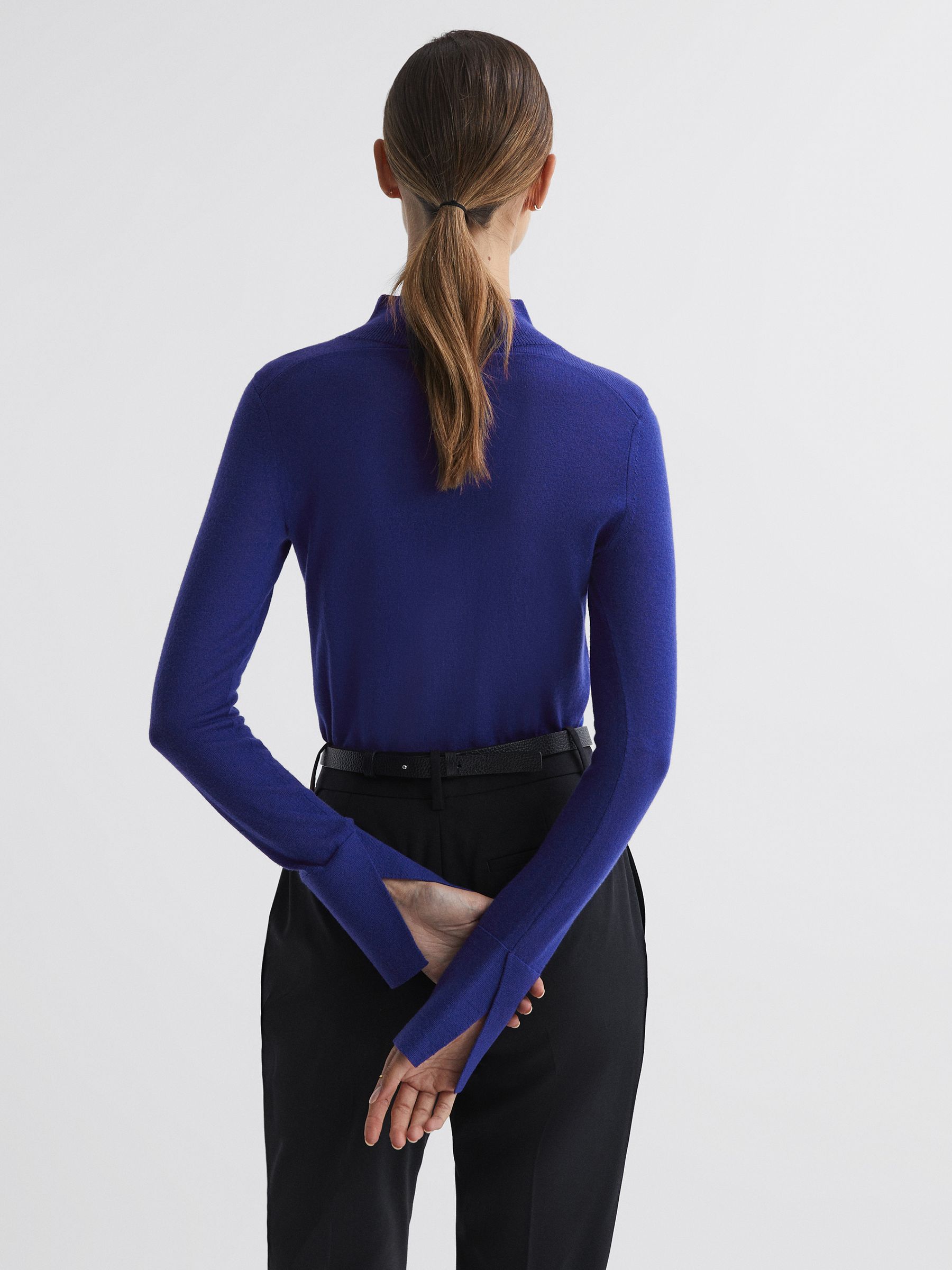 Merino Wool Fitted Funnel Neck Top in Blue - Image 5 of 5