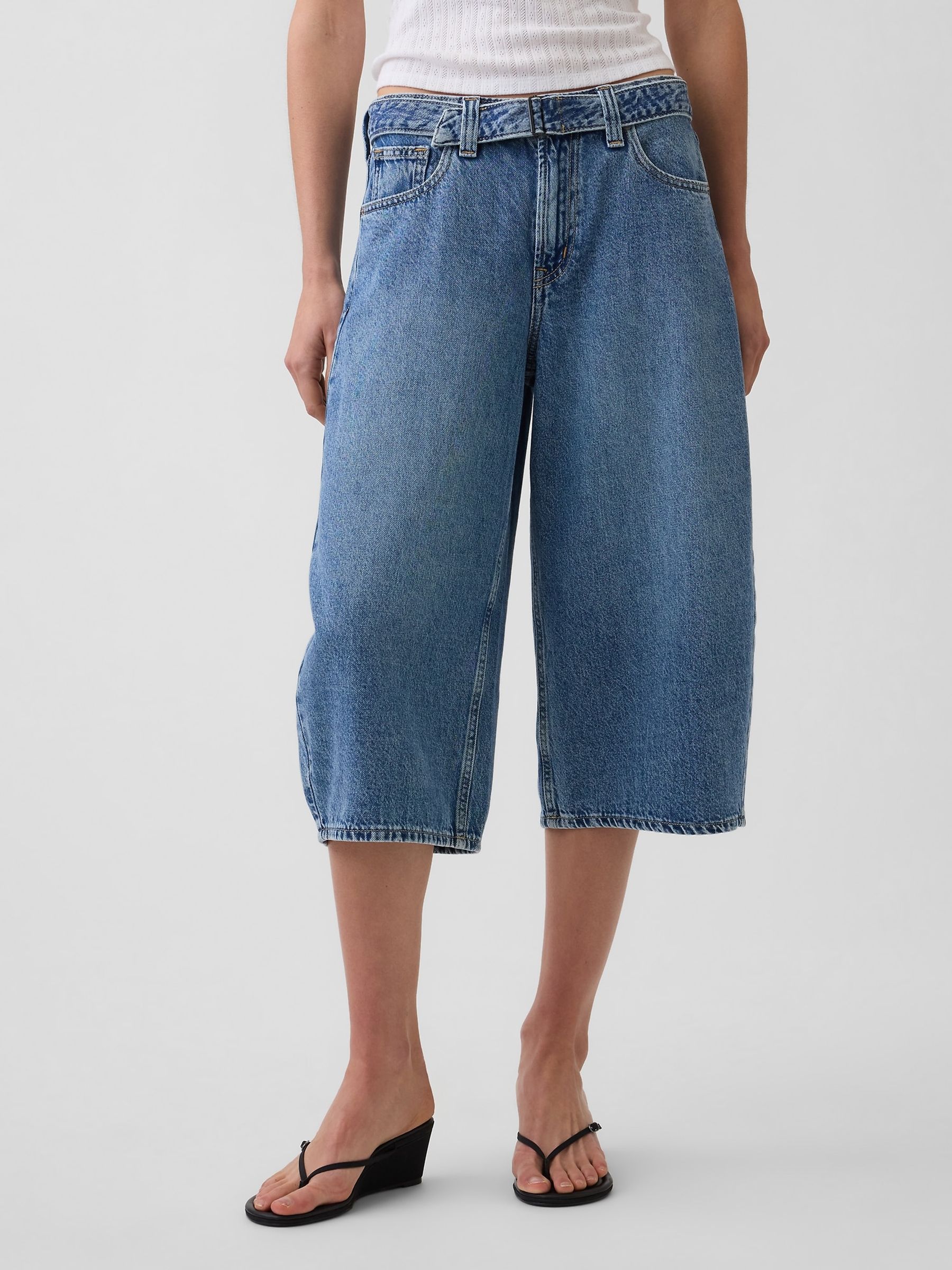 Medium Wash High Waisted Belted Barrel Culotte Jeans - Image 1 of 5