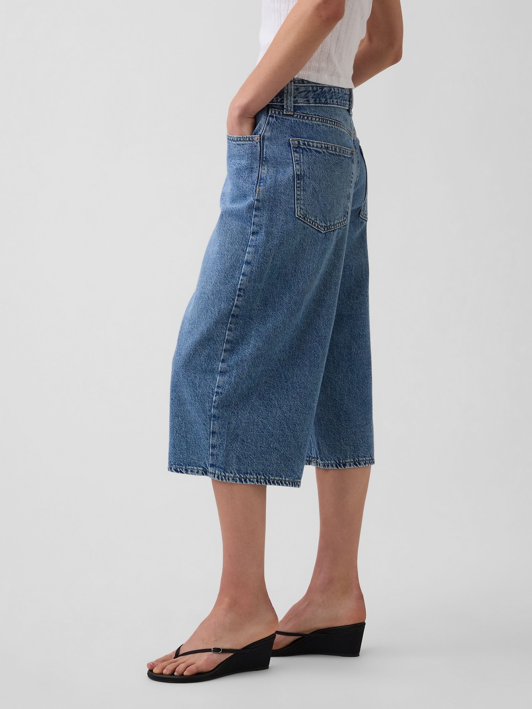 Medium Wash High Waisted Belted Barrel Culotte Jeans - Image 3 of 5