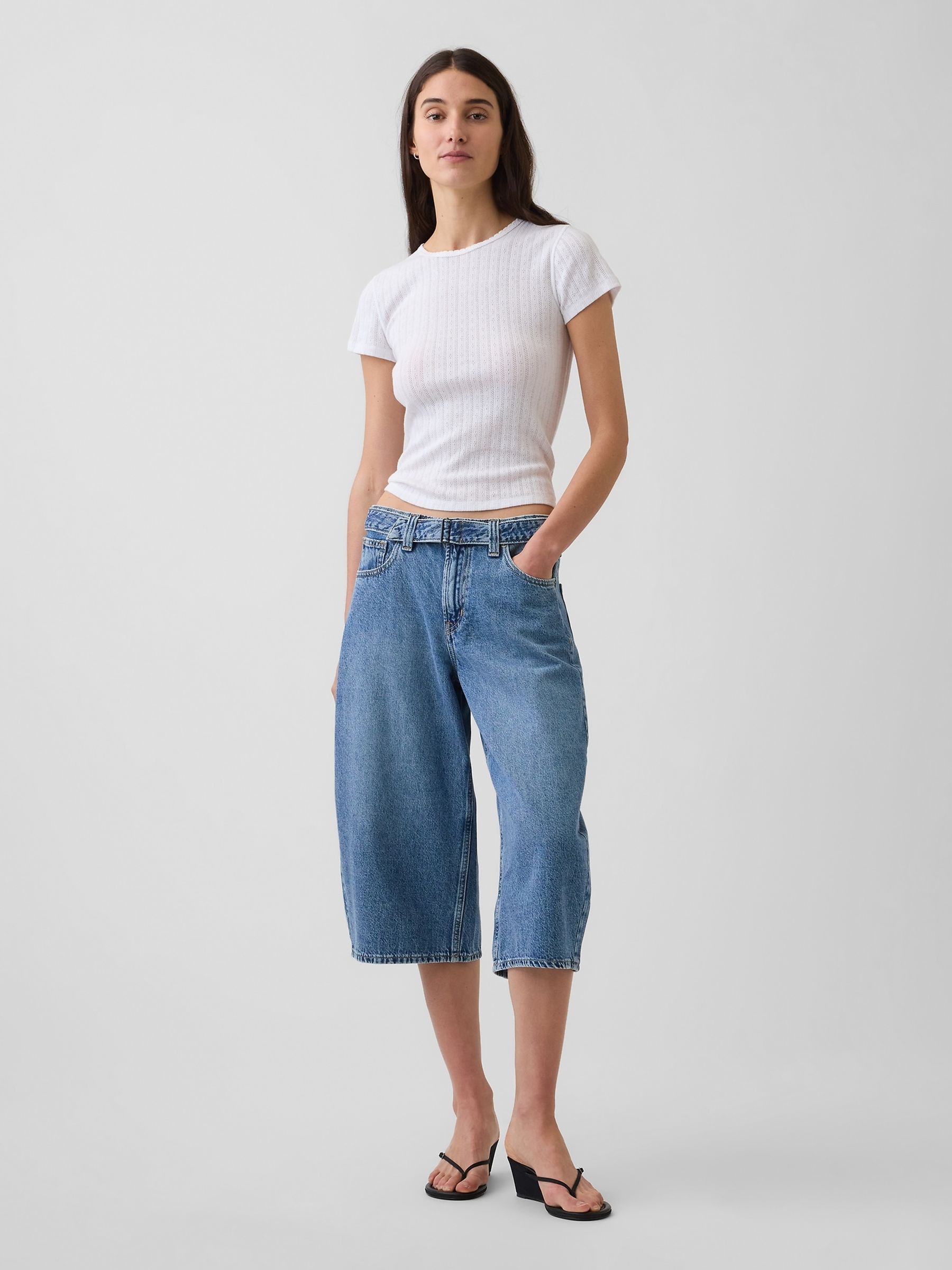 Medium Wash High Waisted Belted Barrel Culotte Jeans - Image 4 of 5