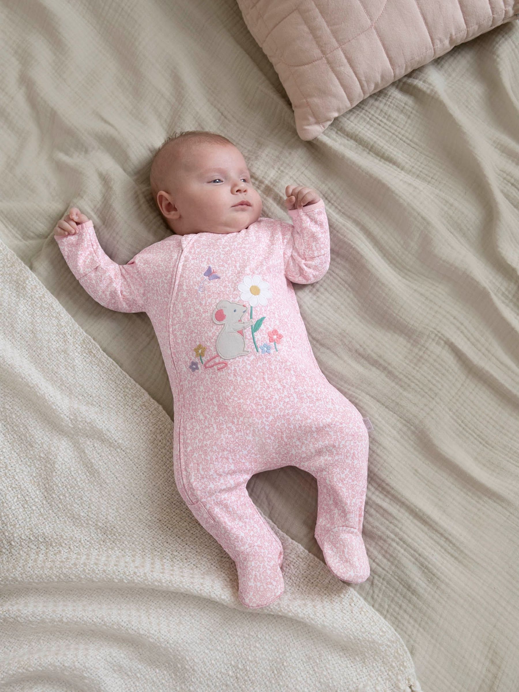 Pink Mouse Appliqué Zip Cotton Baby Sleepsuit - Image 1 of 4