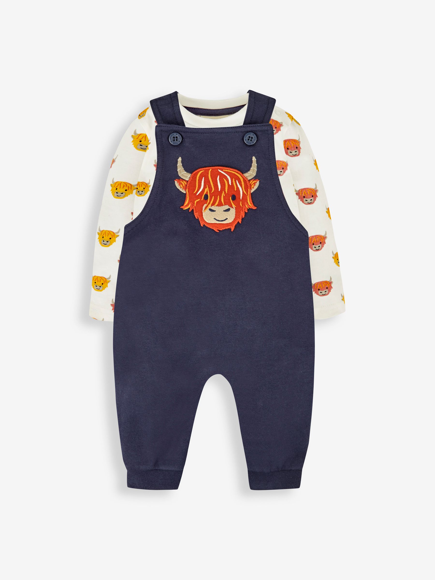 Navy Blue Highland Cow Boys' Sausage Dog Appliqué Pocket Dungarees & Top Set - Image 1 of 5