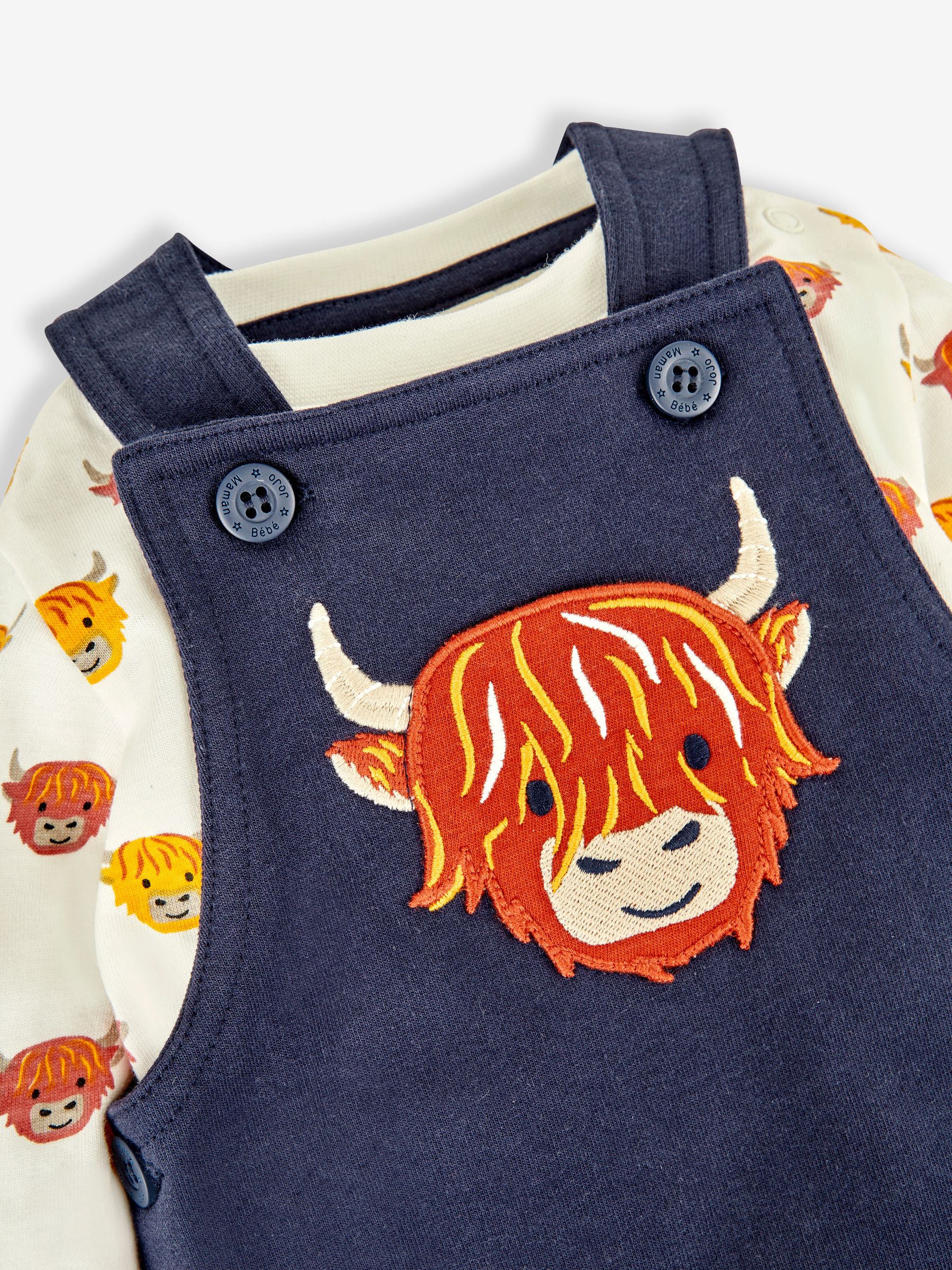 Navy Blue Highland Cow Boys' Sausage Dog Appliqué Pocket Dungarees & Top Set - Image 5 of 5
