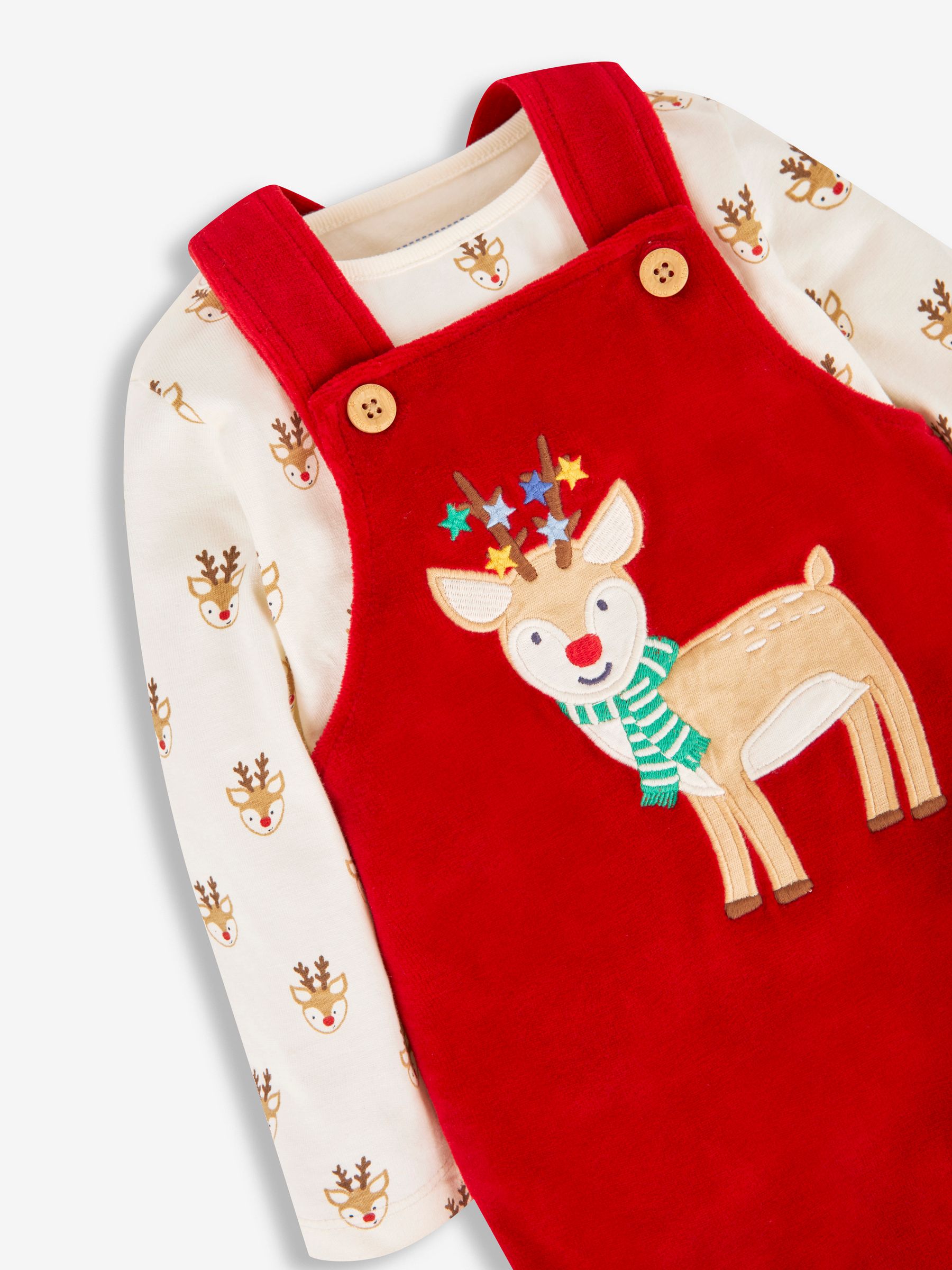 Red Reindeer 2-Piece Velour Appliqué Dungaree & Top Set - Image 2 of 5