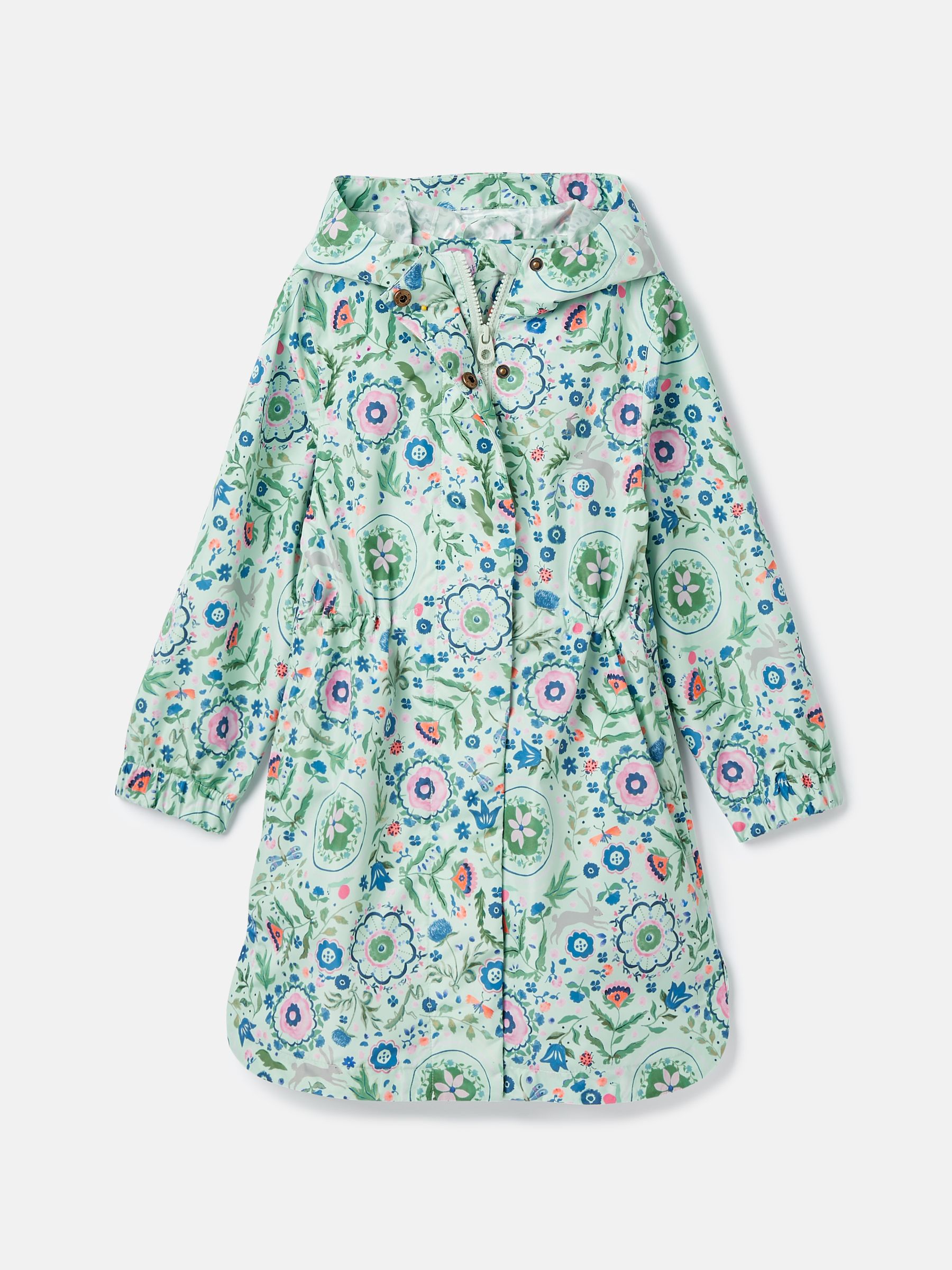 Girls' Rainford Green Floral Waterproof Packable Raincoat With Hood - Image 1 of 8