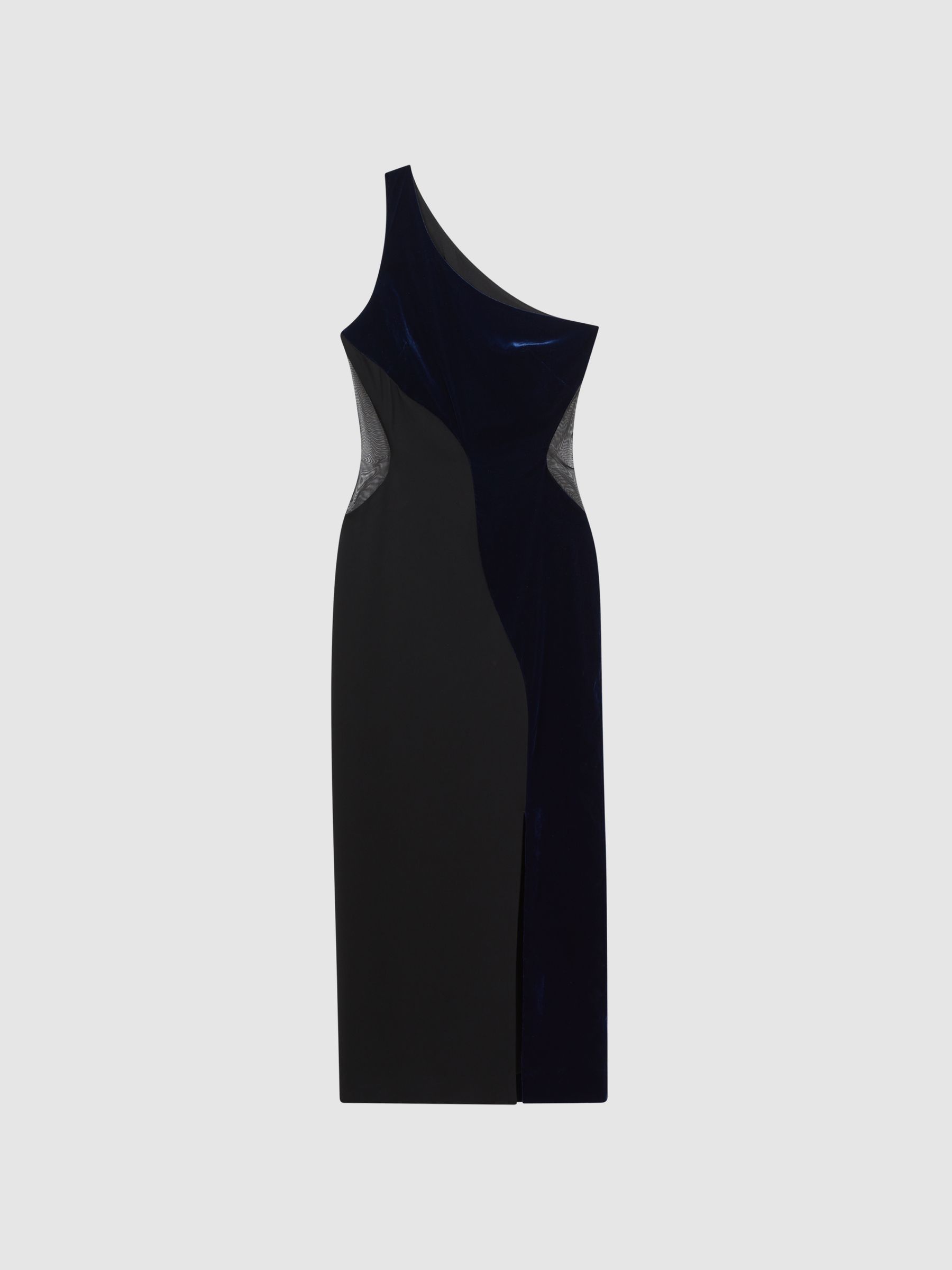 One-Shoulder Velvet-Satin Midi Dress in Black/Navy - Image 2 of 6