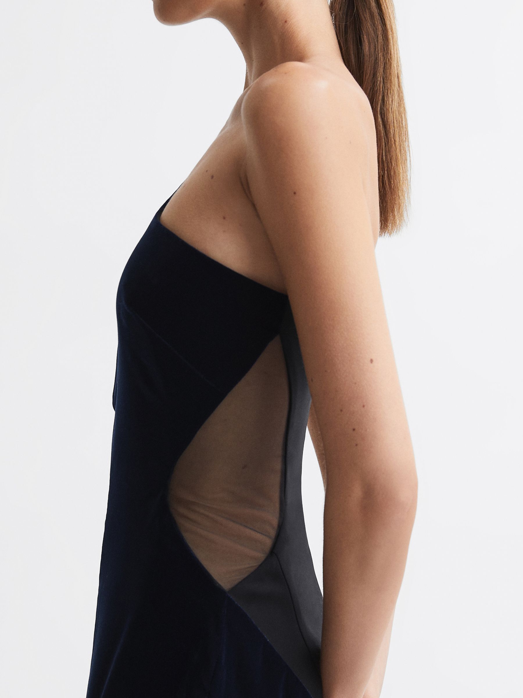 One-Shoulder Velvet-Satin Midi Dress in Black/Navy - Image 4 of 6