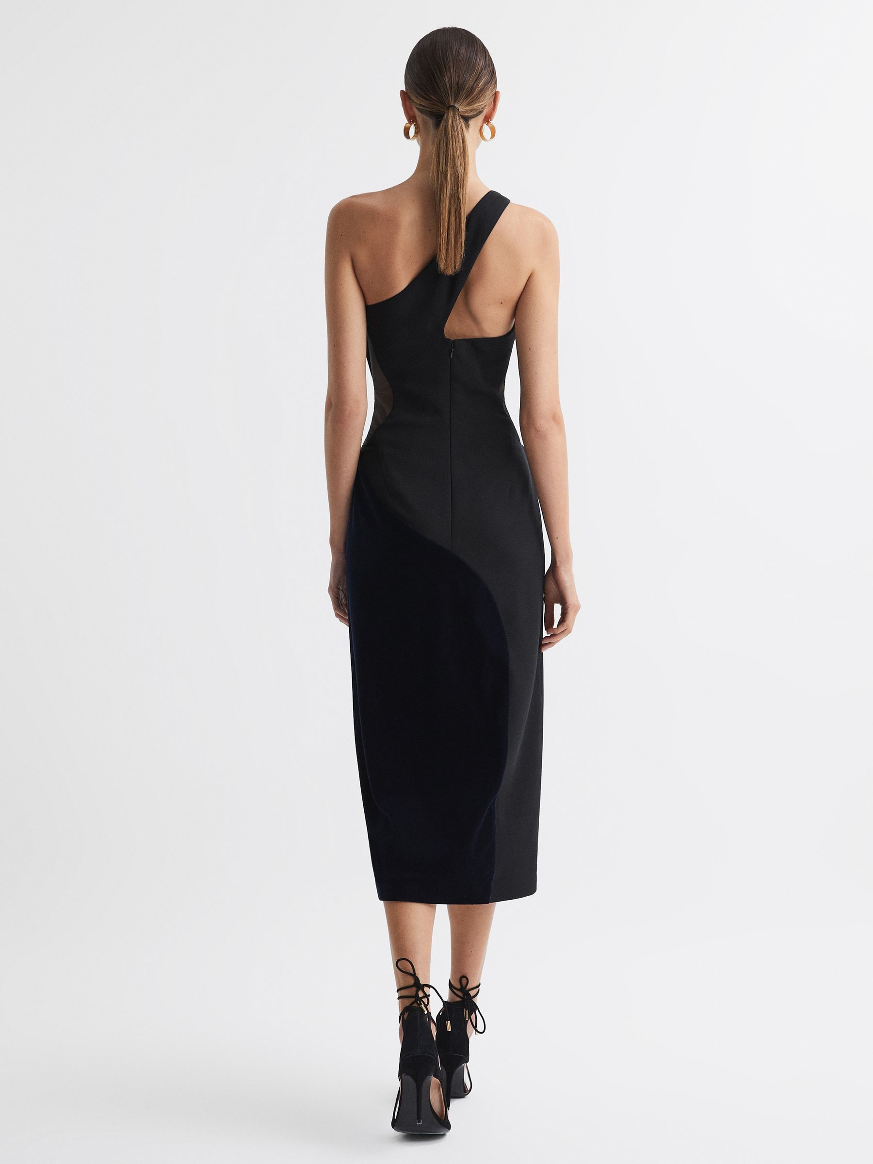 One-Shoulder Velvet-Satin Midi Dress in Black/Navy - Image 5 of 6