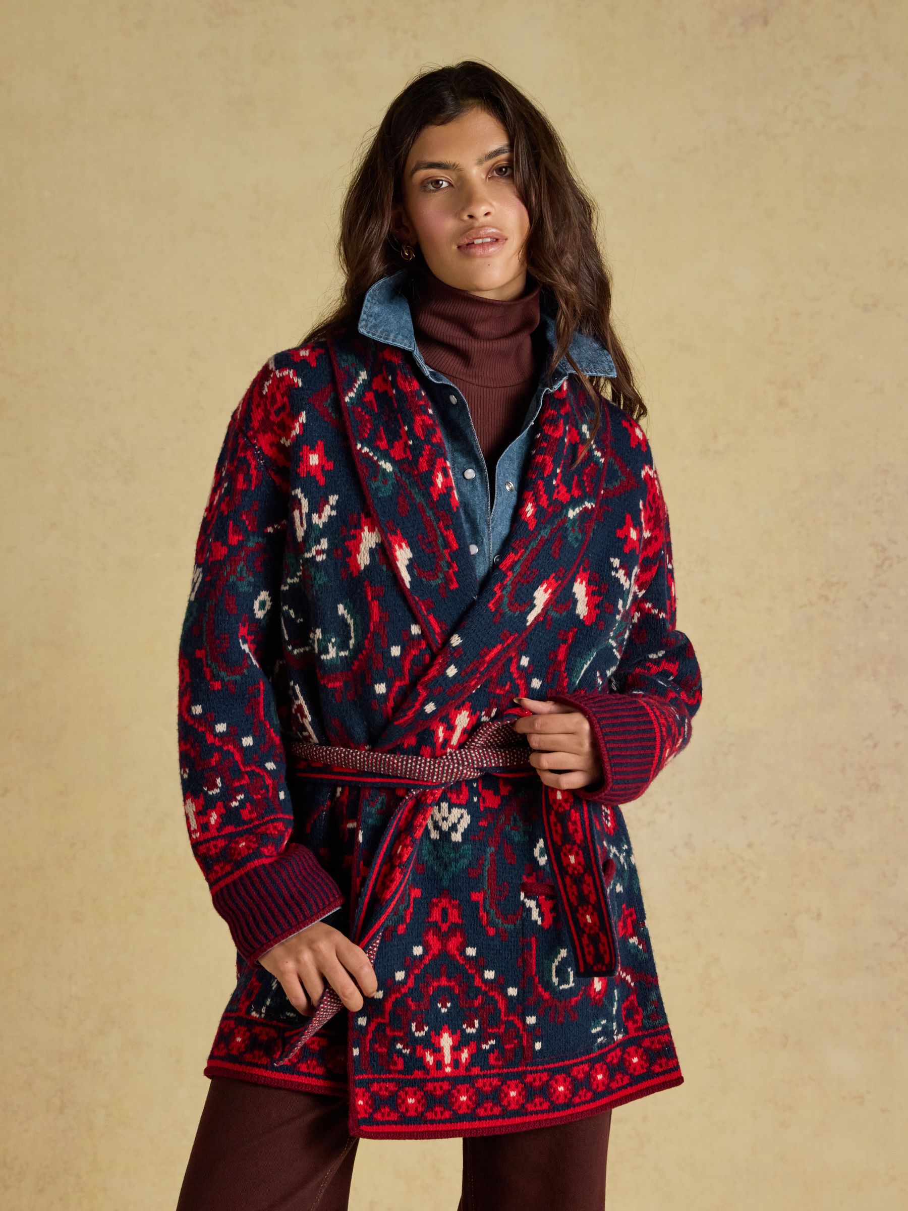 Red Wrap Floral Merino Wool Cardigan - Image 1 of 10