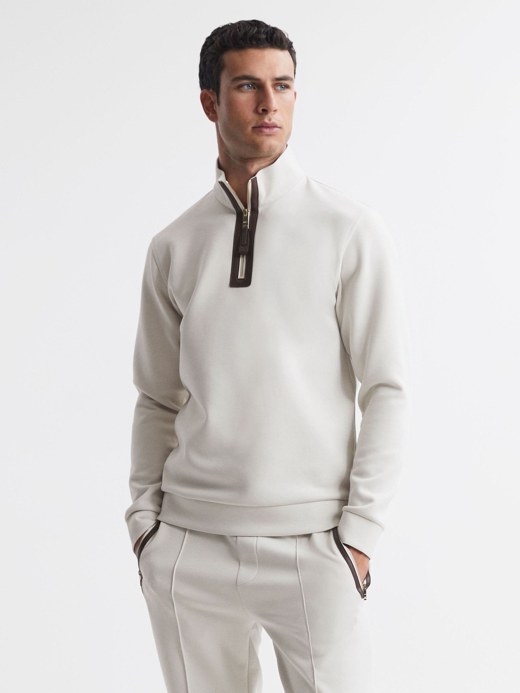 Contrast Half-Zip Funnel Neck Jumper in Off White - Image 1 of 6