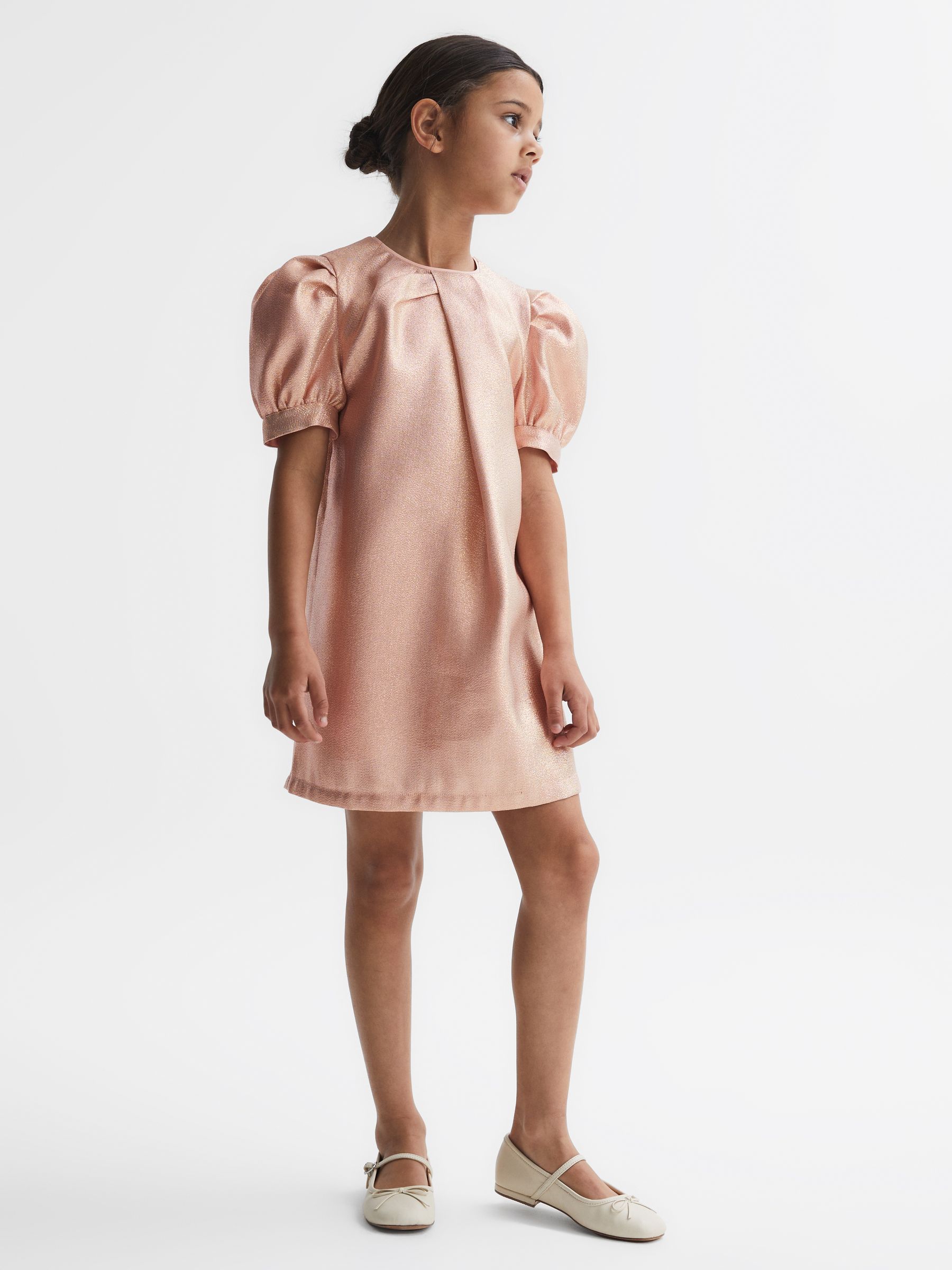 9-14 yrs Metallic Puff Sleeve Dress in Pink - Image 1 of 6