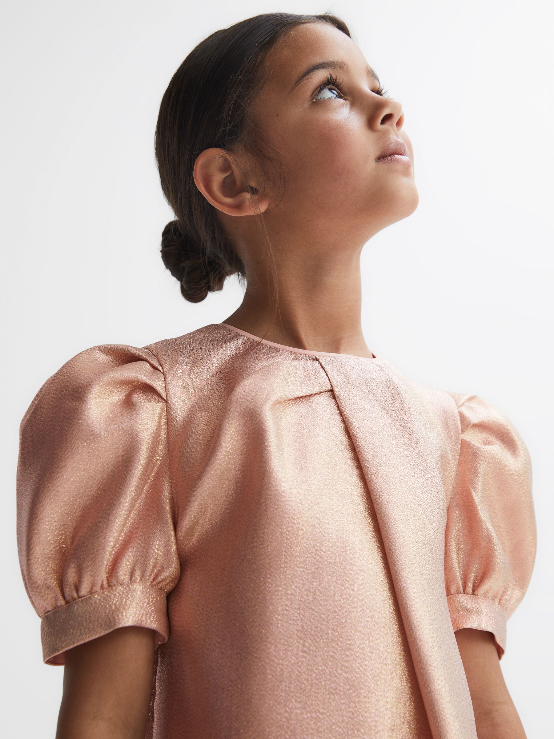 9-14 yrs Metallic Puff Sleeve Dress in Pink - Image 4 of 6