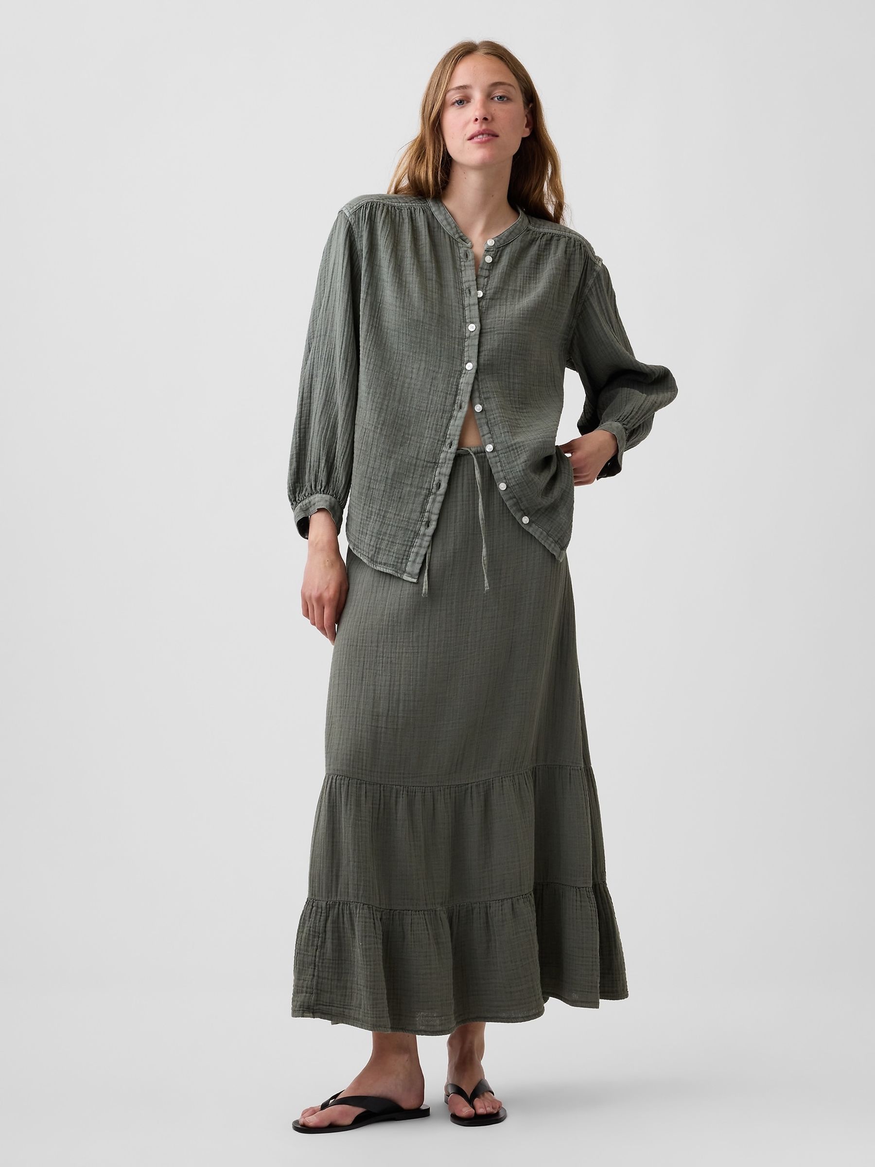 Green Cotton Gauze Tiered Easy Maxi Skirt - Image 1 of 3