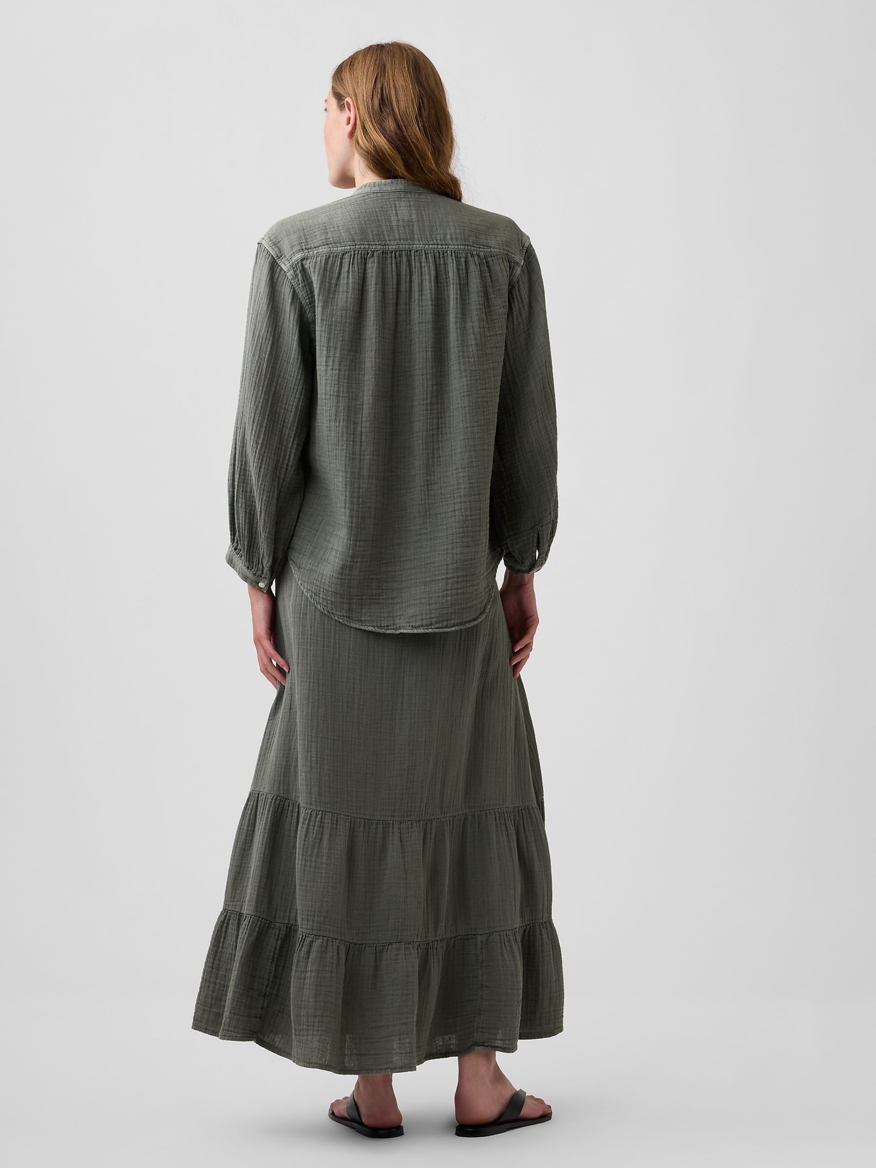 Green Cotton Gauze Tiered Easy Maxi Skirt - Image 2 of 3