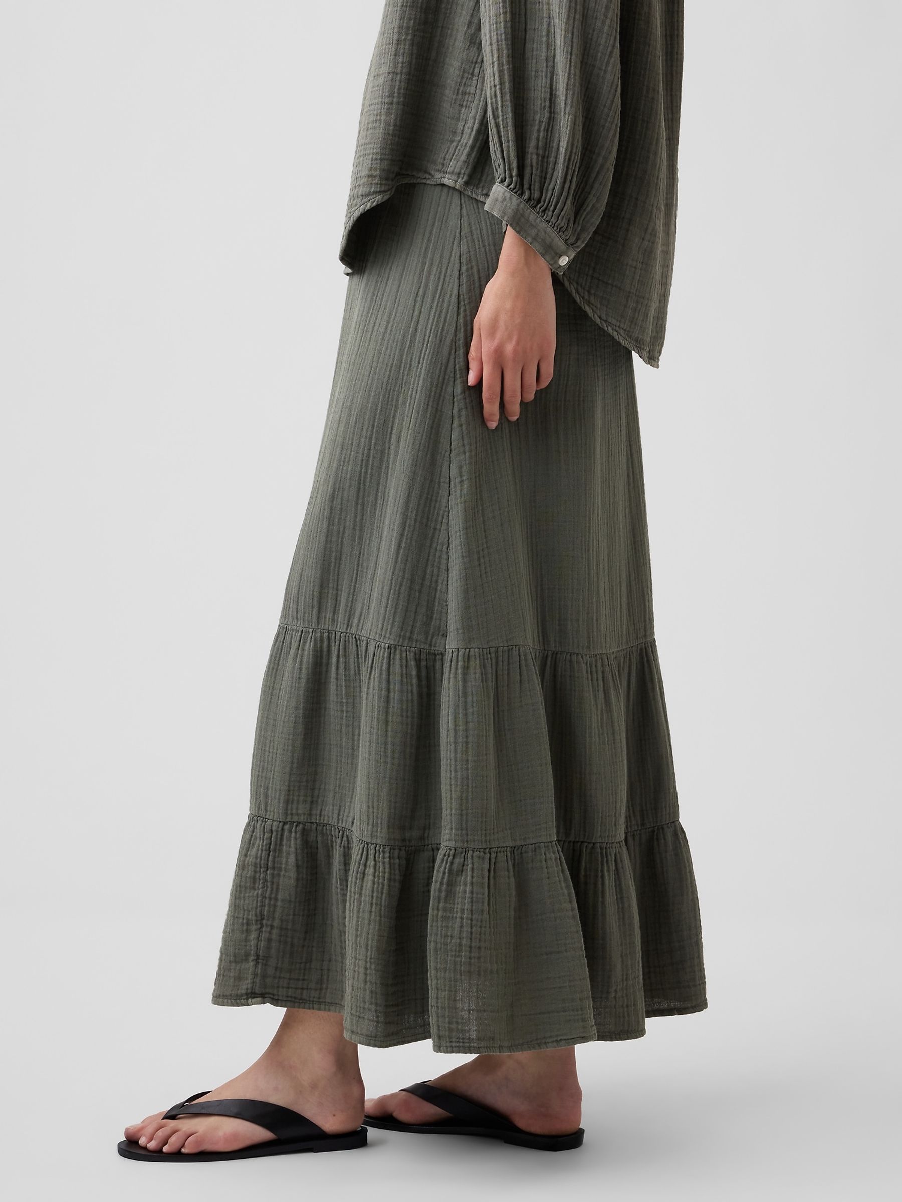 Green Cotton Gauze Tiered Easy Maxi Skirt - Image 3 of 3