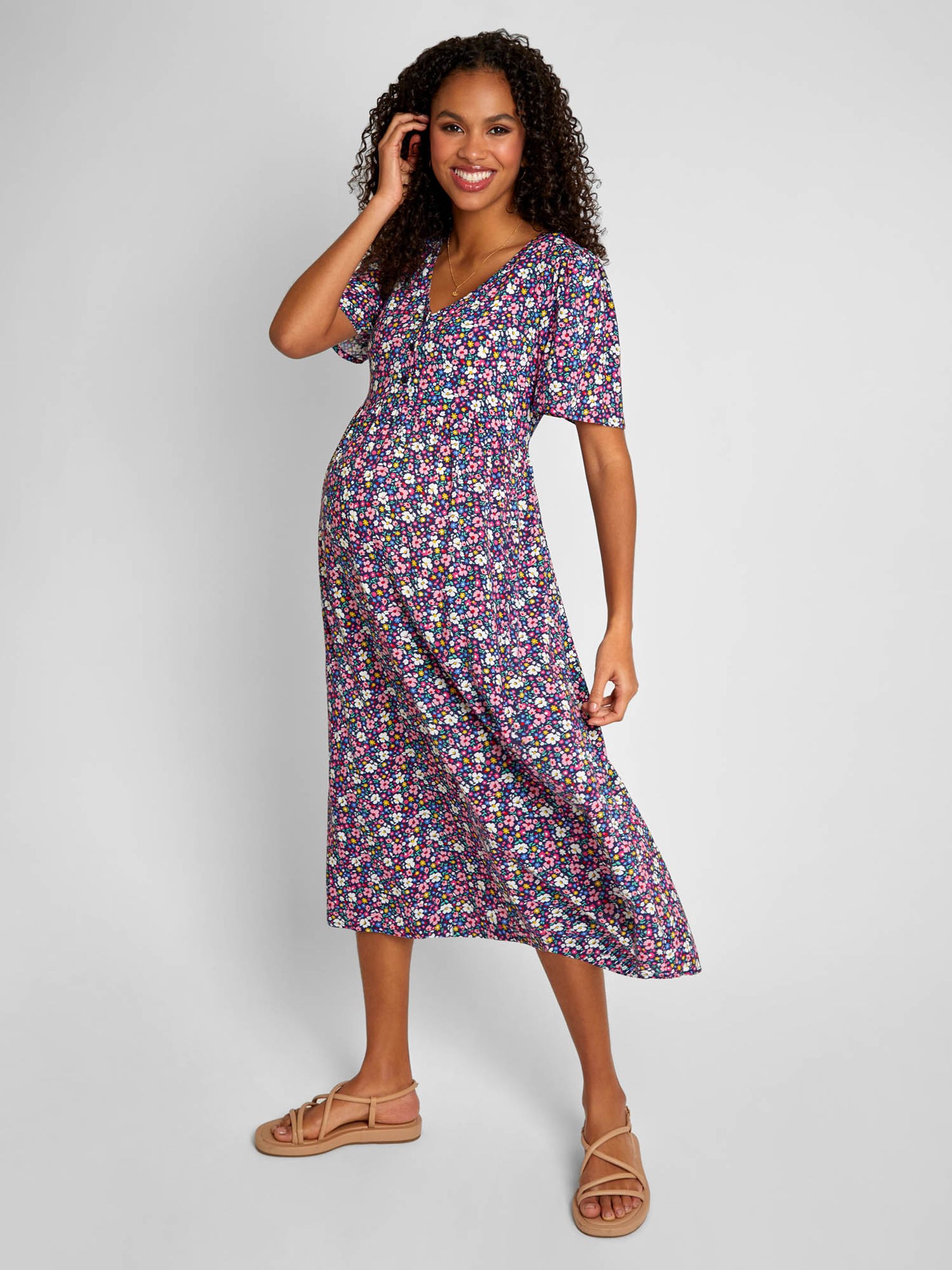 Pink Floral Print V-Neck Maternity Midi Dress - Image 1 of 5