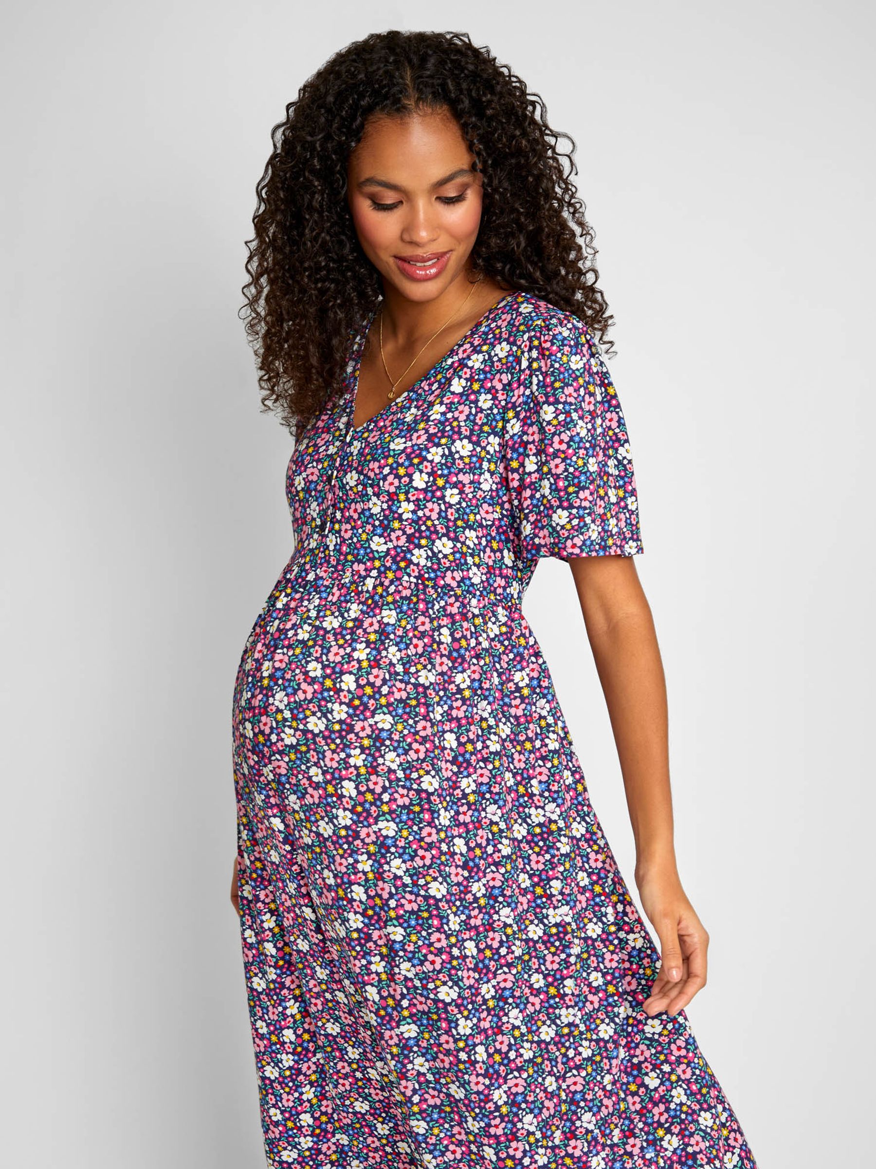 Pink Floral Print V-Neck Maternity Midi Dress - Image 2 of 5