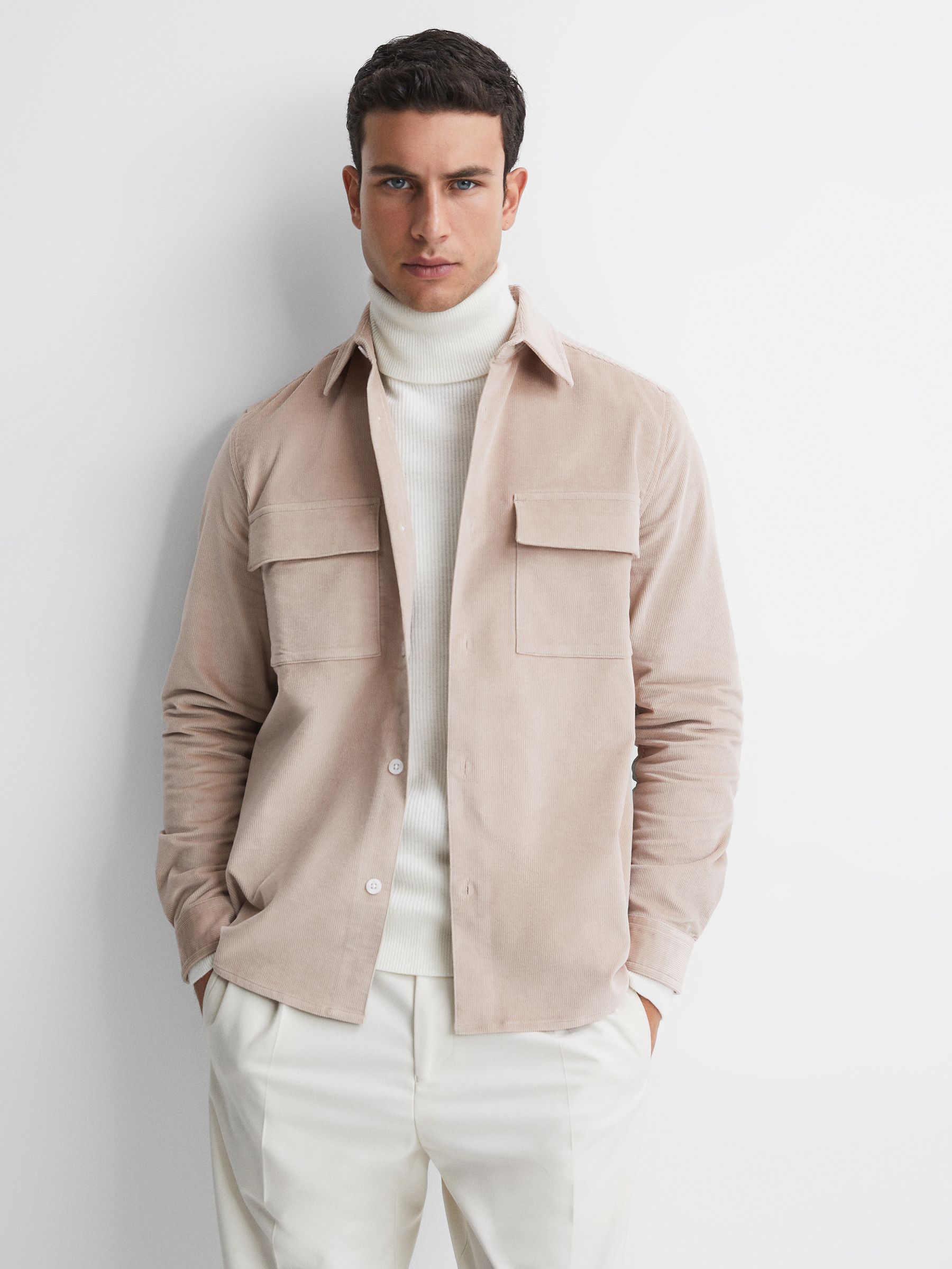 Corduroy Button-Through Overshirt in Stone - Image 1 of 5
