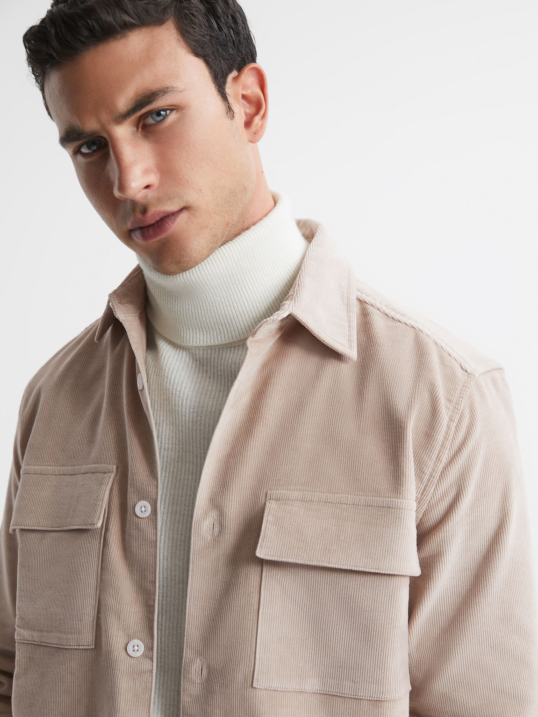Corduroy Button-Through Overshirt in Stone - Image 4 of 5