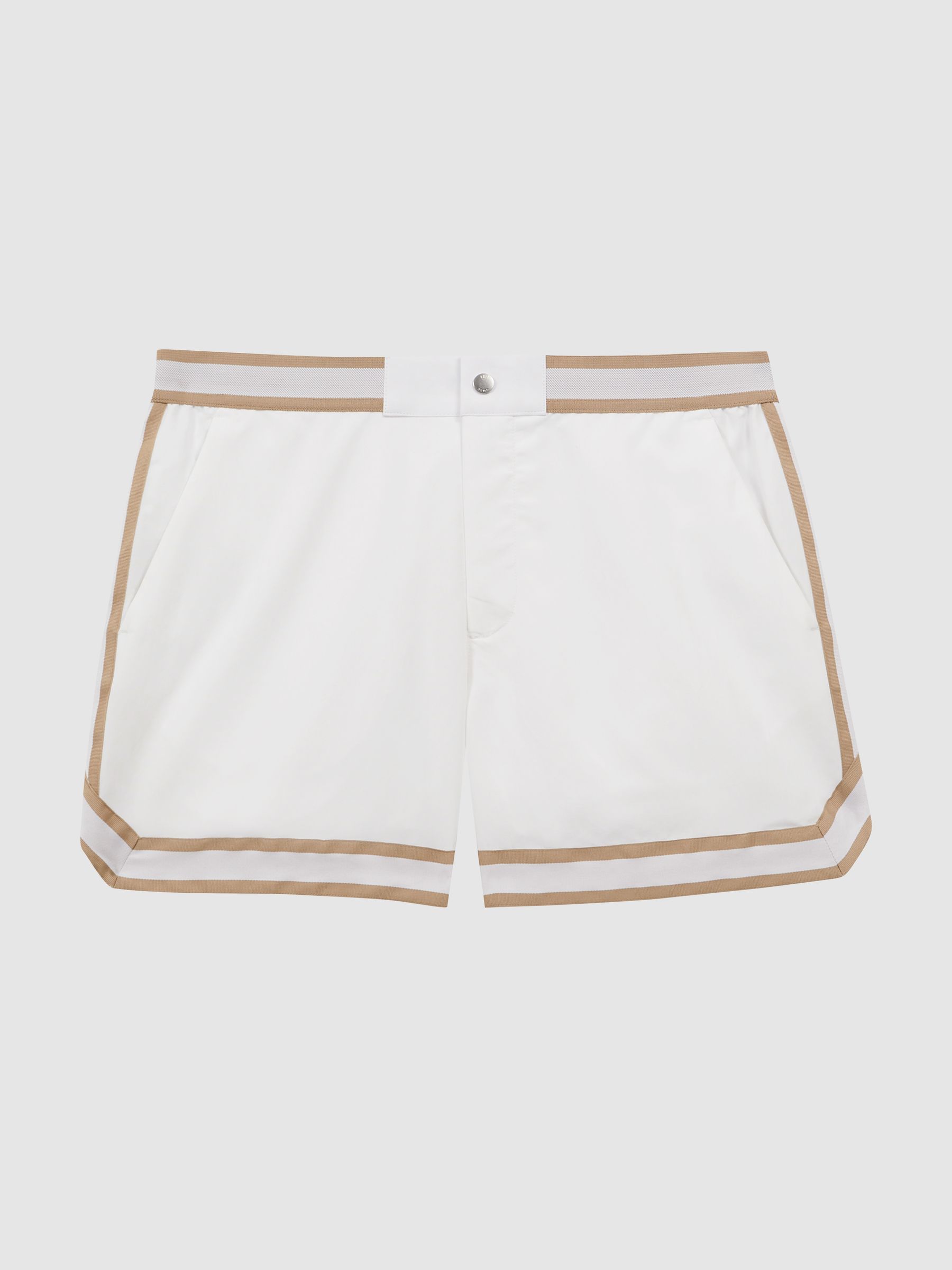 Reiss | Ché Elasticated Waist Contrast Swim Shorts in Neutral/White - Image 2 of 5 Reiss | Ché Elasticated Waist Contrast Swim Shorts in Neutral/White - Image 2 of 5