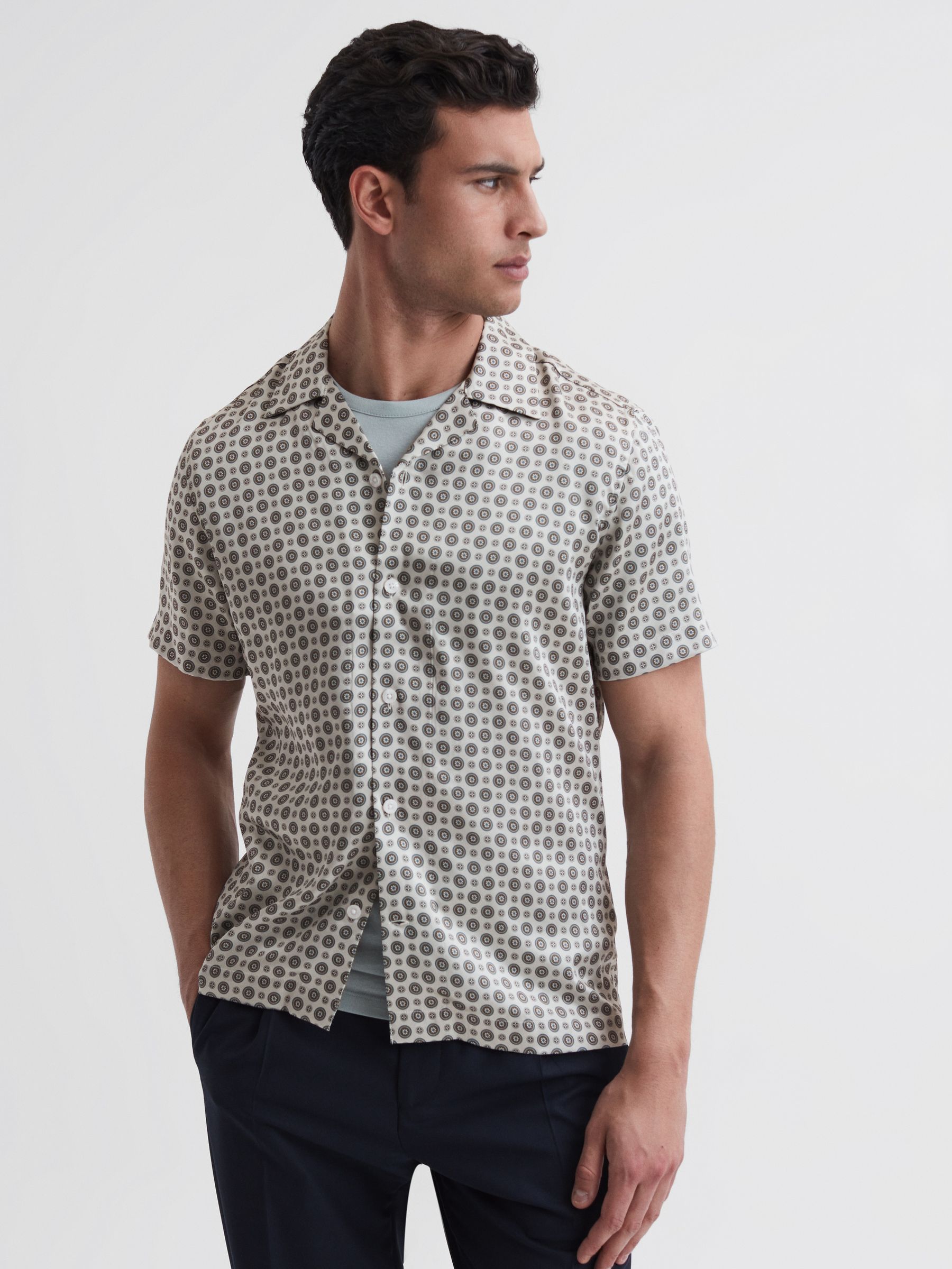Printed Cuban Collar Shirt in Grey - Image 1 of 6