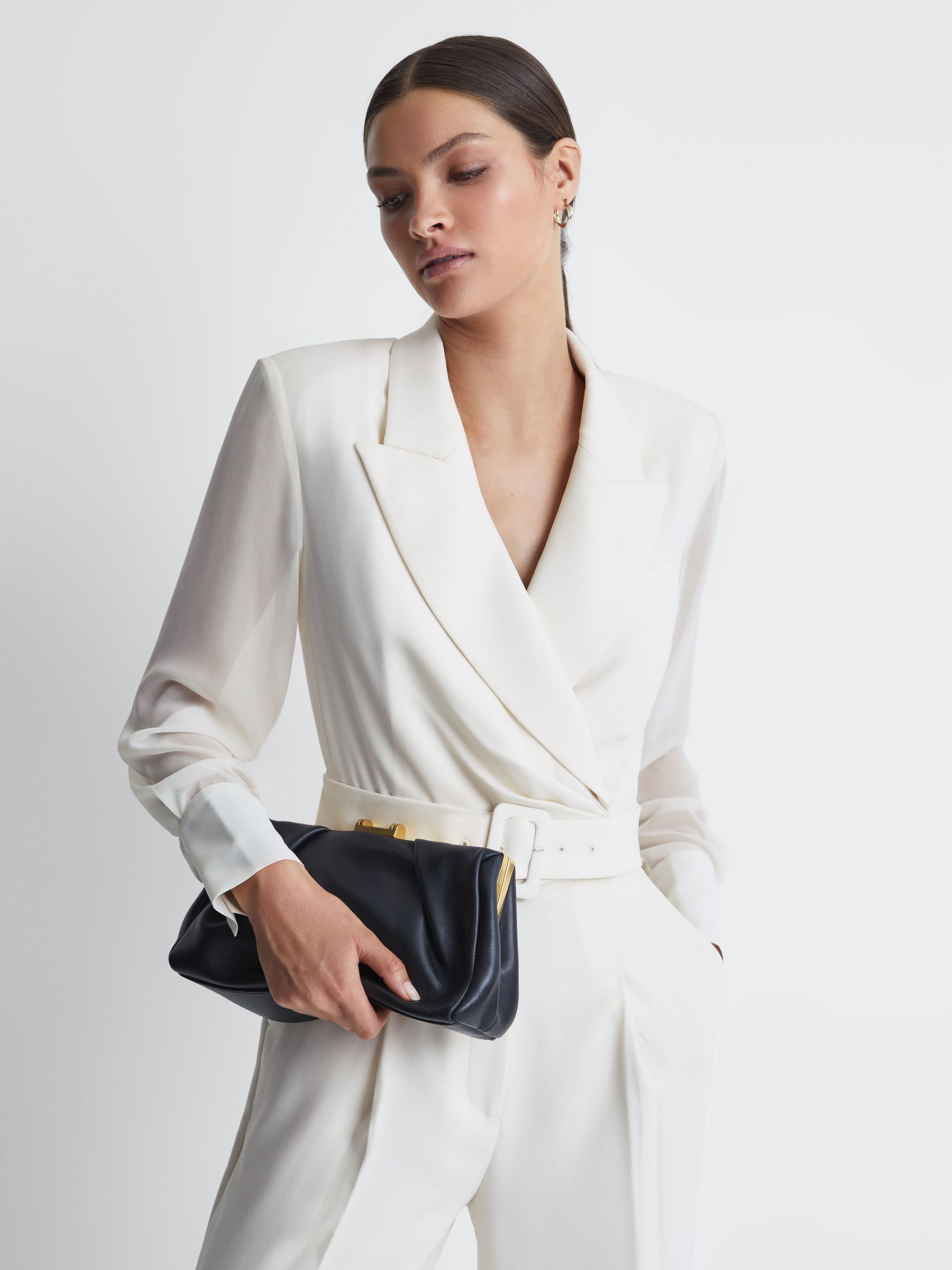 Sheer Belted Double Breasted Jumpsuit in Ivory - Image 3 of 6