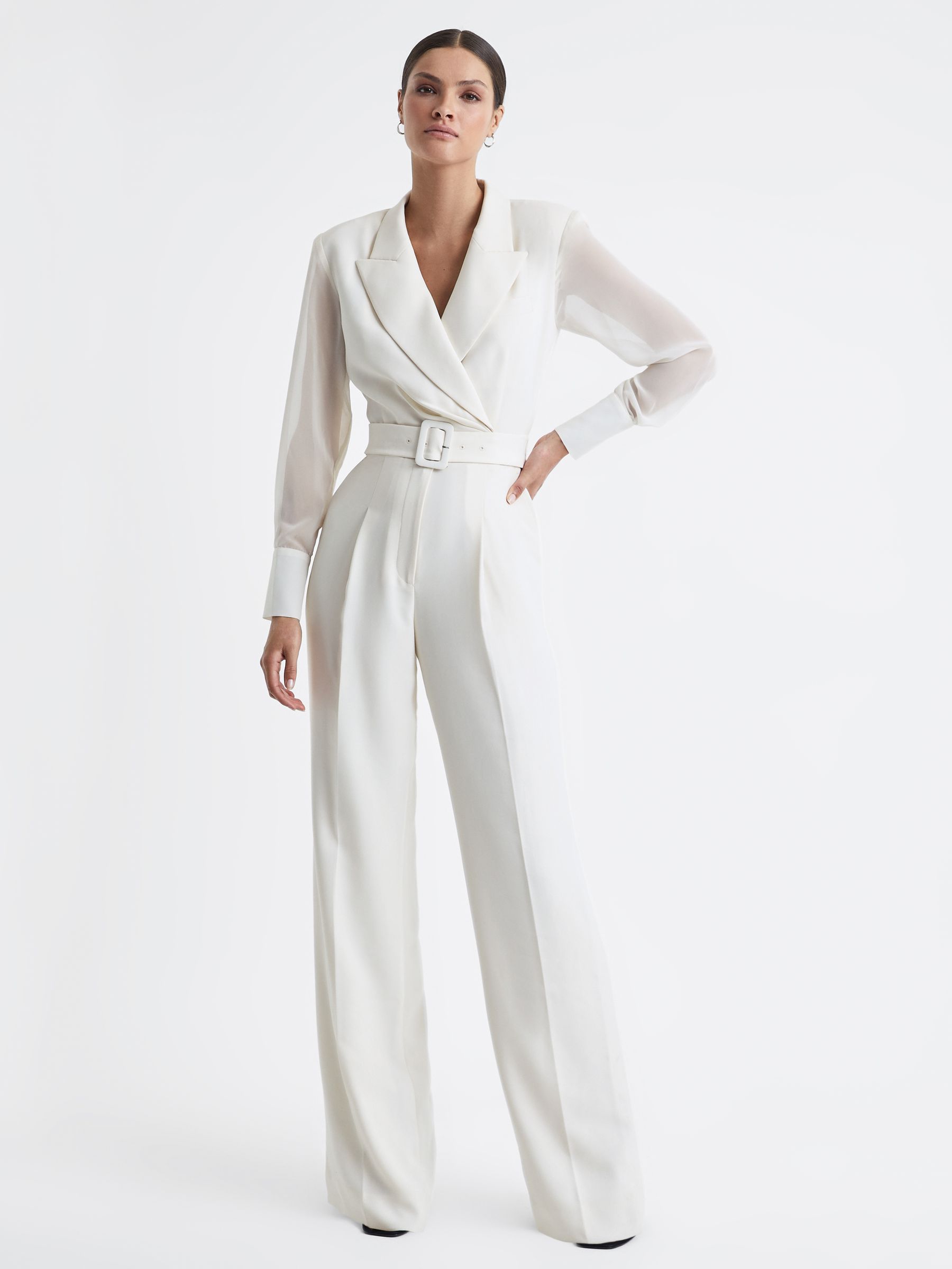 Sheer Belted Double Breasted Jumpsuit in Ivory - Image 4 of 6