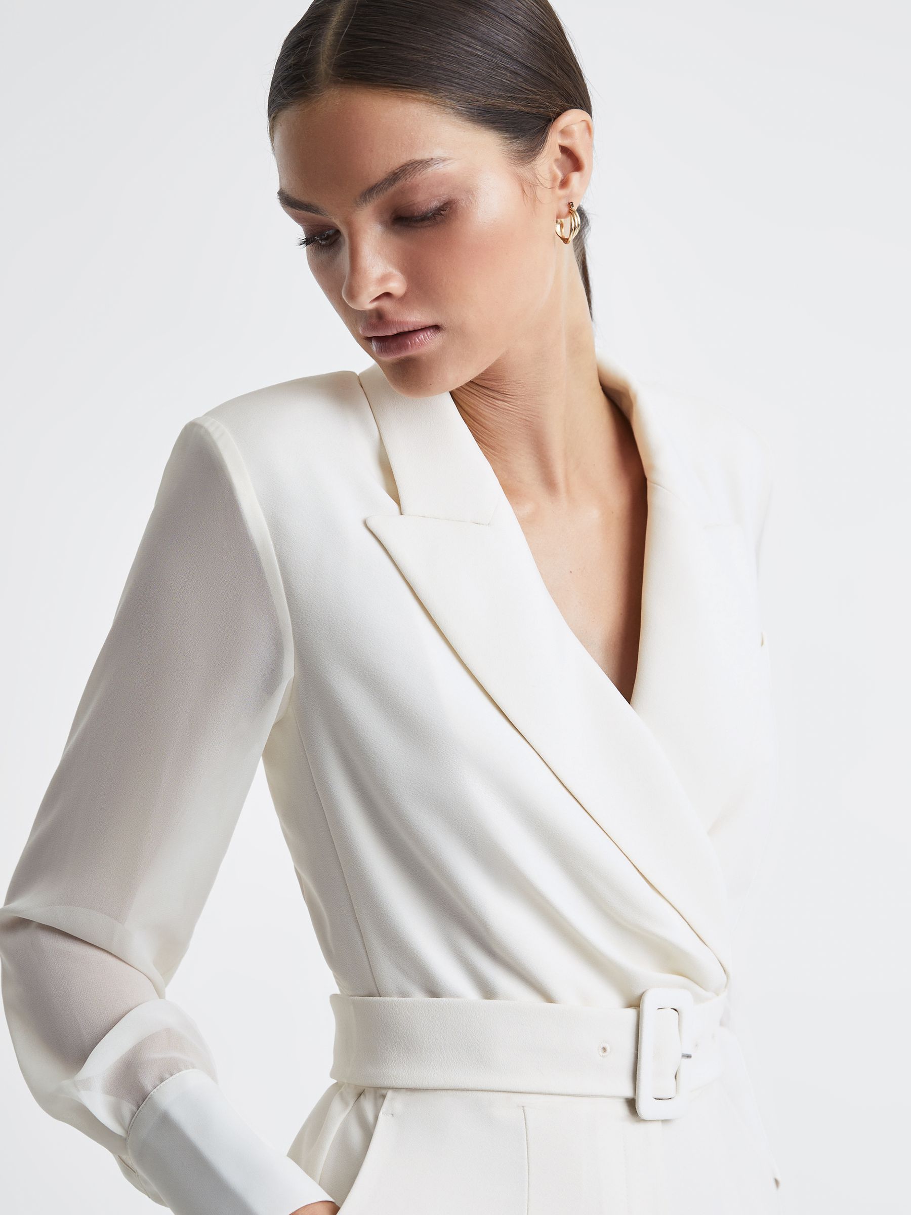 Reiss Sheer Belted Double Breasted Jumpsuit in Ivory - REISS