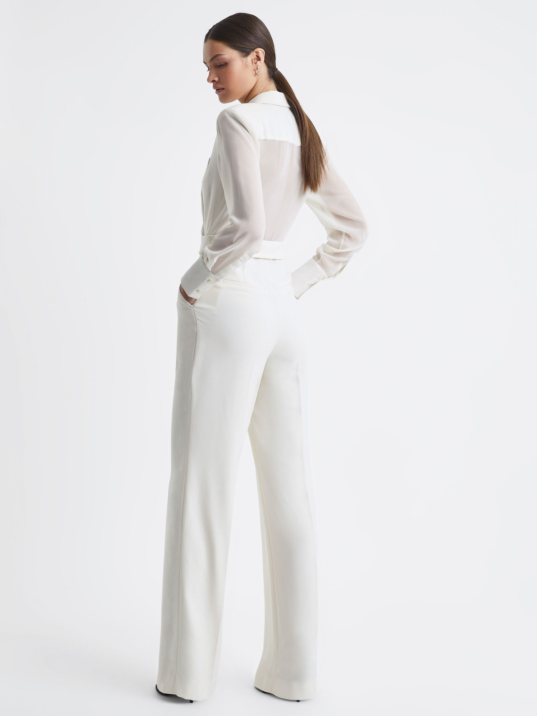 Reiss Sheer Belted Double Breasted Jumpsuit in Ivory - REISS