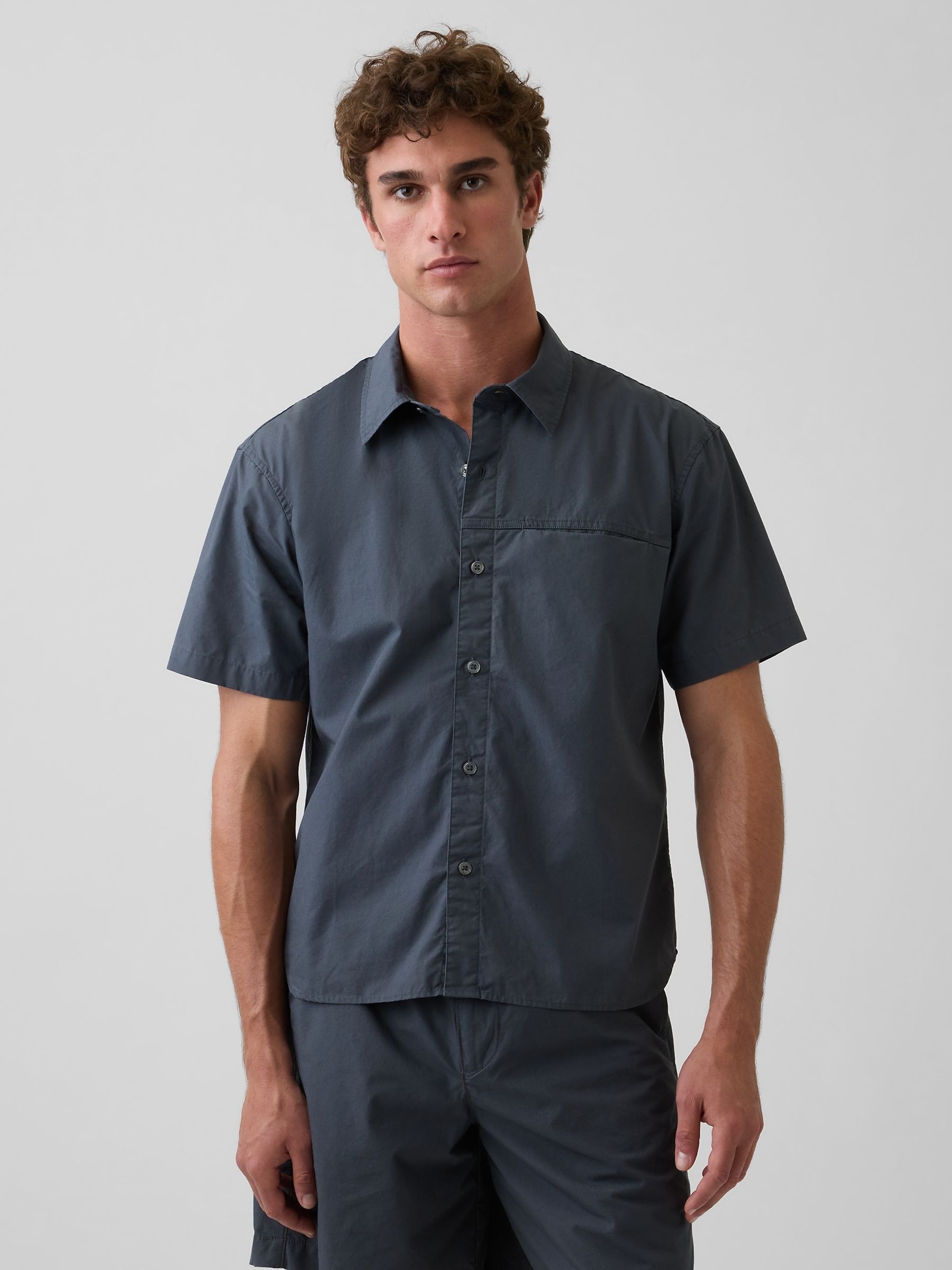 Blue Poplin Relaxed Shirt - Image 1 of 4 Blue Poplin Relaxed Shirt - Image 1 of 4