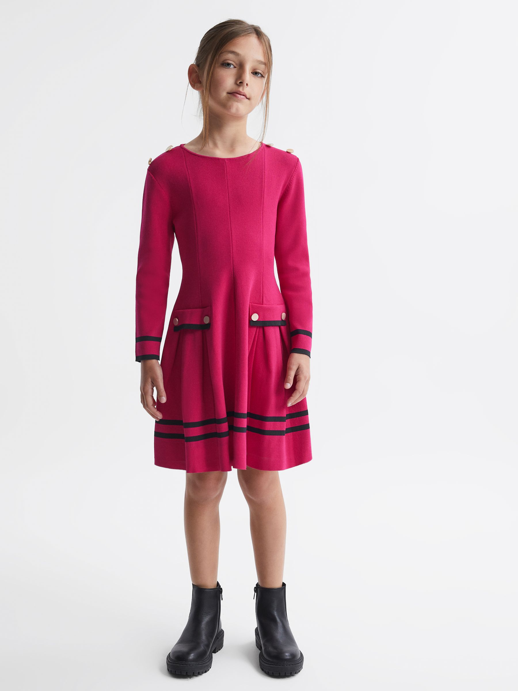 4-9 yrs Knitted Flared Dress in Bright Pink - Image 1 of 6
