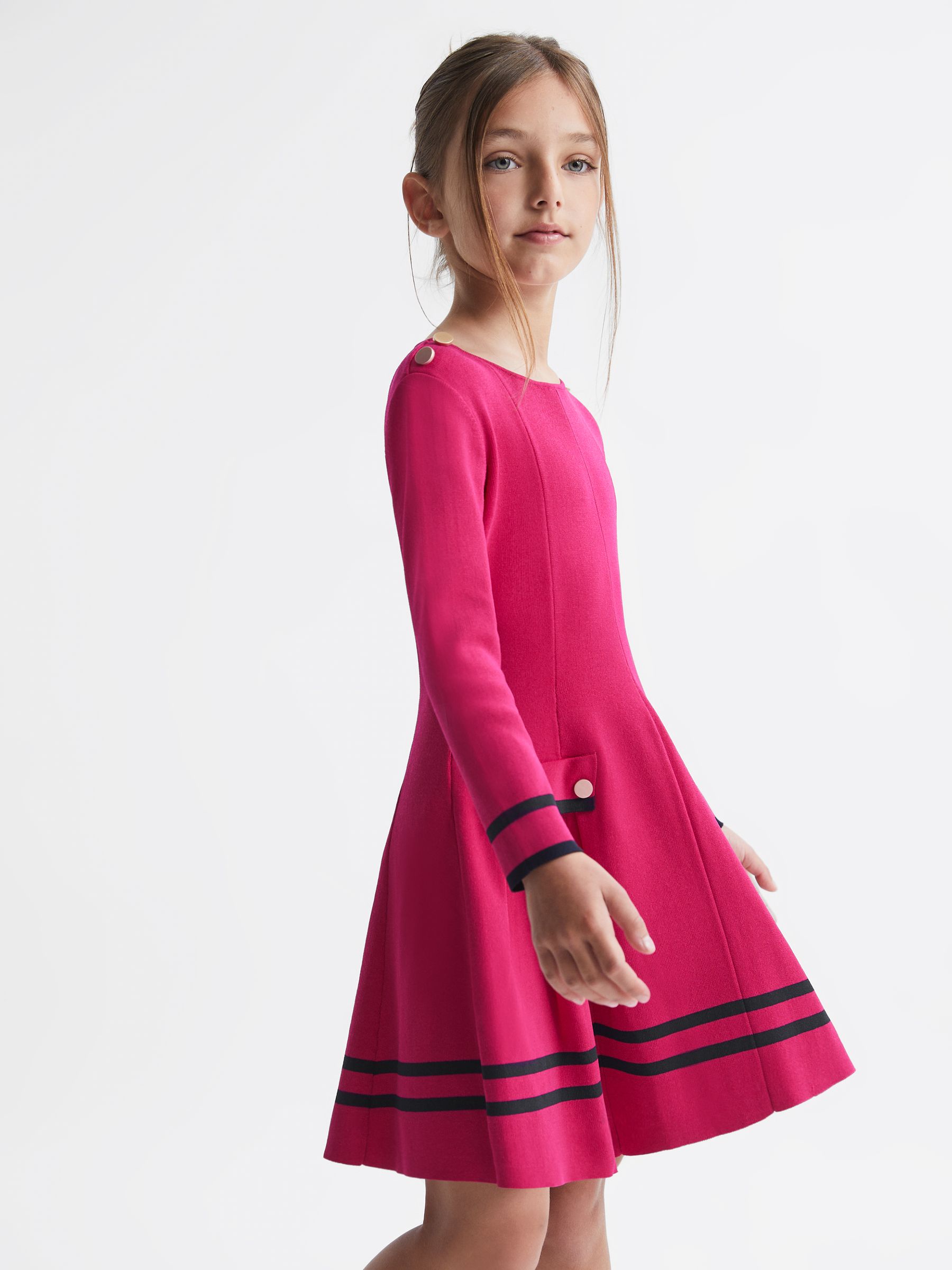 4-9 yrs Knitted Flared Dress in Bright Pink - Image 3 of 6