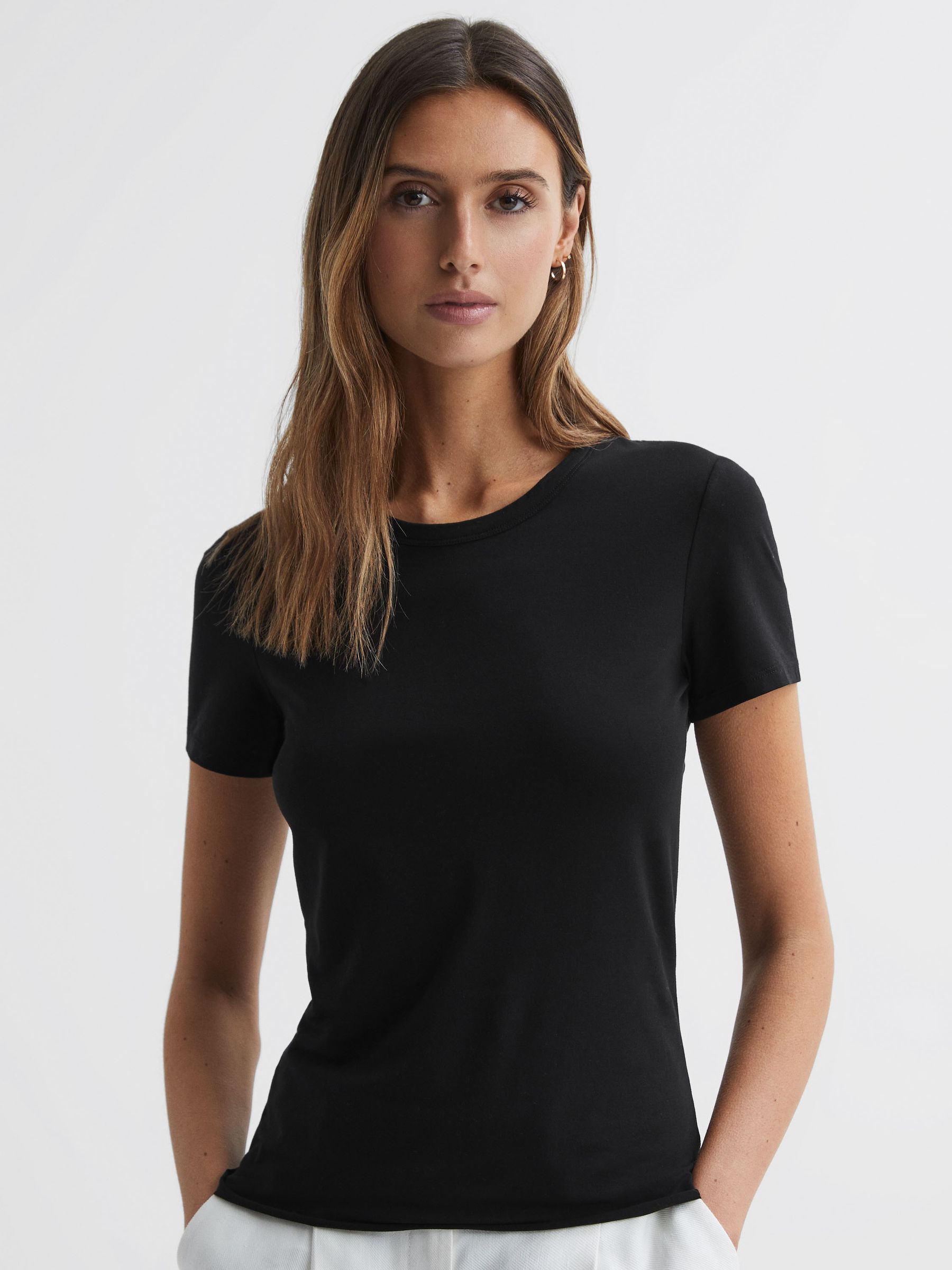 Fitted Cotton Crew Neck T-Shirt in Black - Image 3 of 5