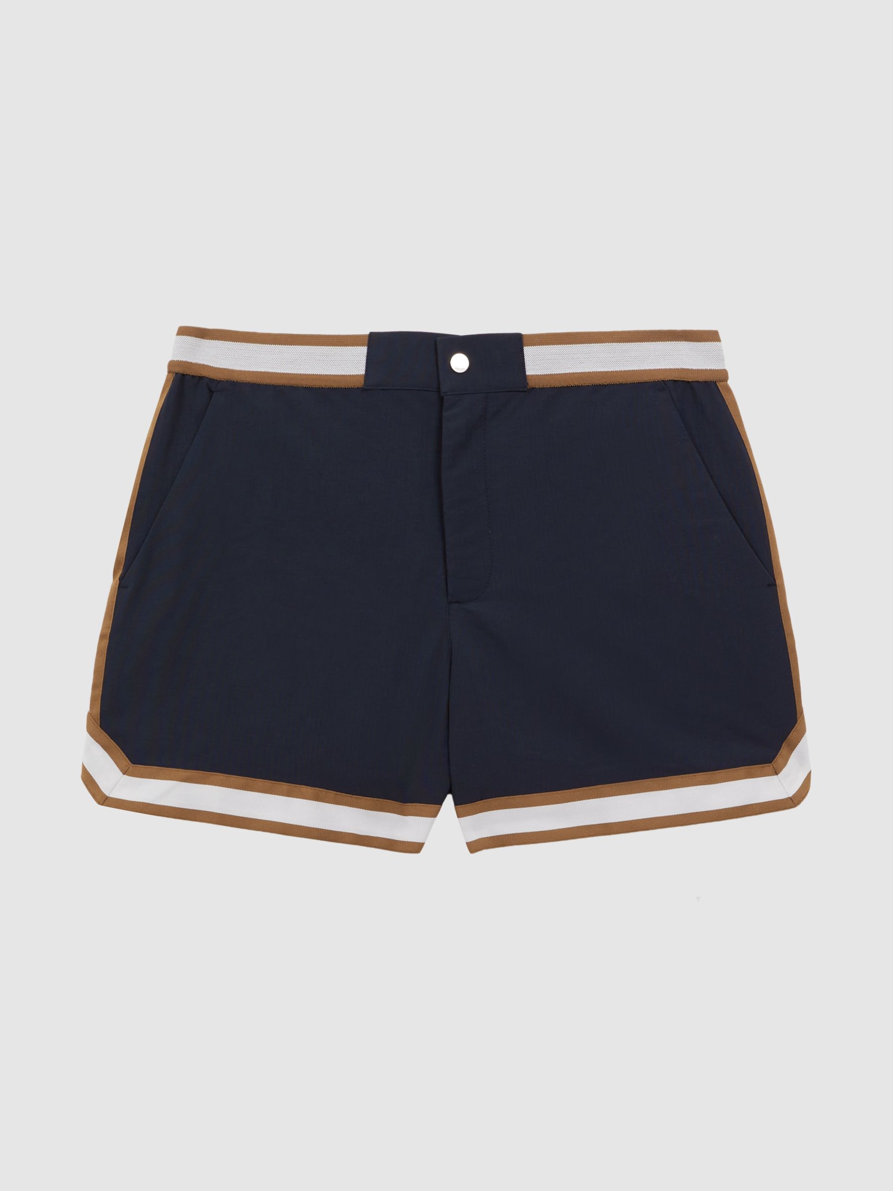 Reiss | Ché Elasticated Waist Contrast Swim Shorts in Navy/Tobacco - Image 2 of 6