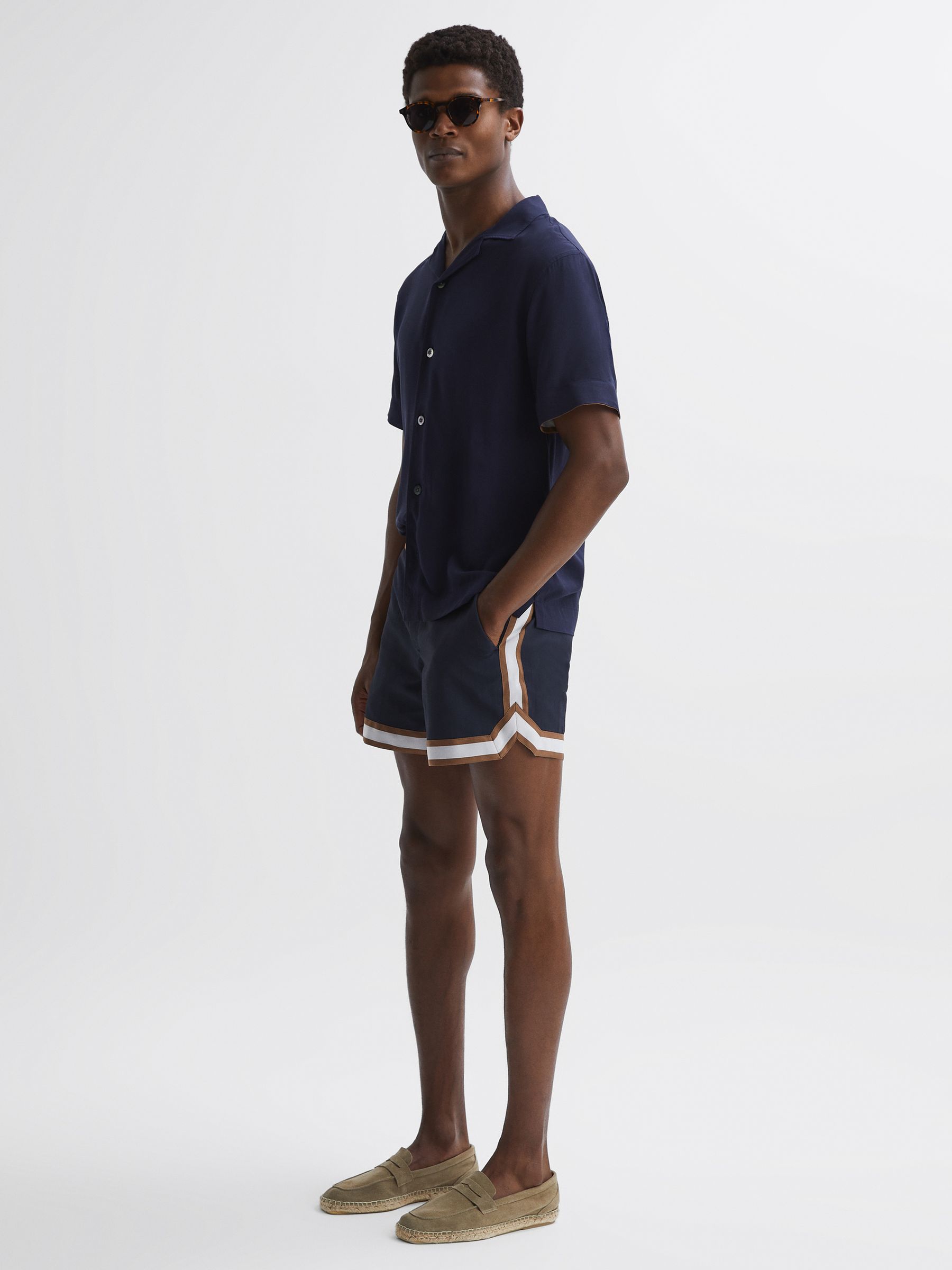 Reiss | Ché Elasticated Waist Contrast Swim Shorts in Navy/Tobacco - Image 3 of 6