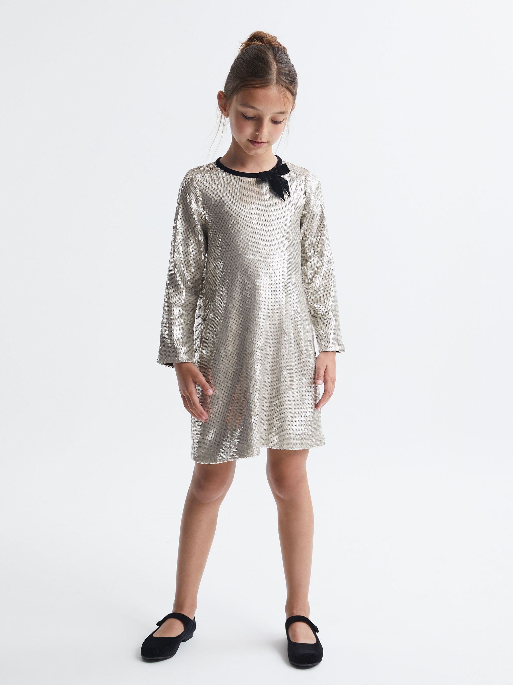 9-14 yrs Sequin Bow Dress in Silver - Image 1 of 5